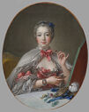 
A painted portrait of an extravagantly dressed woman seated at a table, applying pink powder blush to her cheeks. 