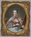 
A painted portrait of an extravagantly dressed woman seated at a table, applying pink powder blush to her cheeks.