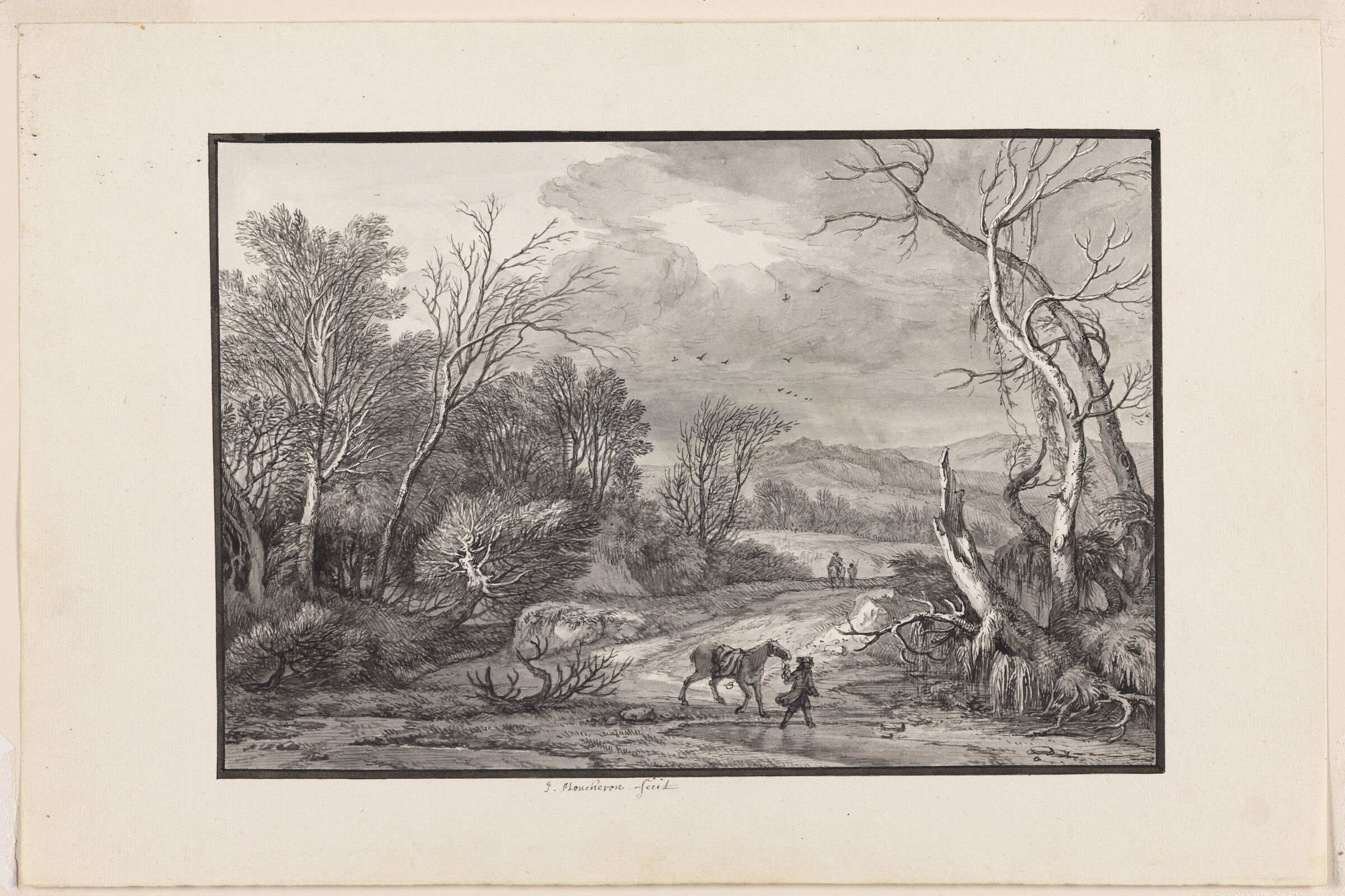 Man Leading A Horse By A Pond In A Stormy, Wooded Landscape