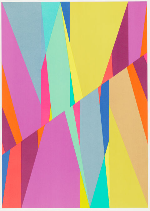 Pink, yellow, blue, orange and peach shapes arranged along a diagonal axis at center
