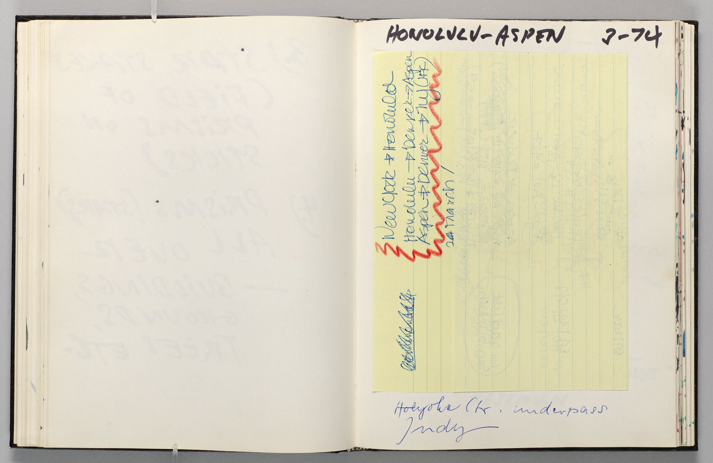 Untitled (Blank, Left Page); Untitled (Notes With Adhered Itinerary, Right Page)