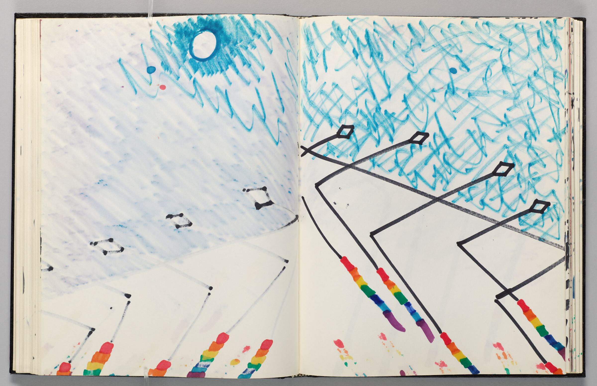 Untitled (Sky Above Prisms Projecting From Facade Atop Bleed-Through From Previous Pages, Two-Page Spread)