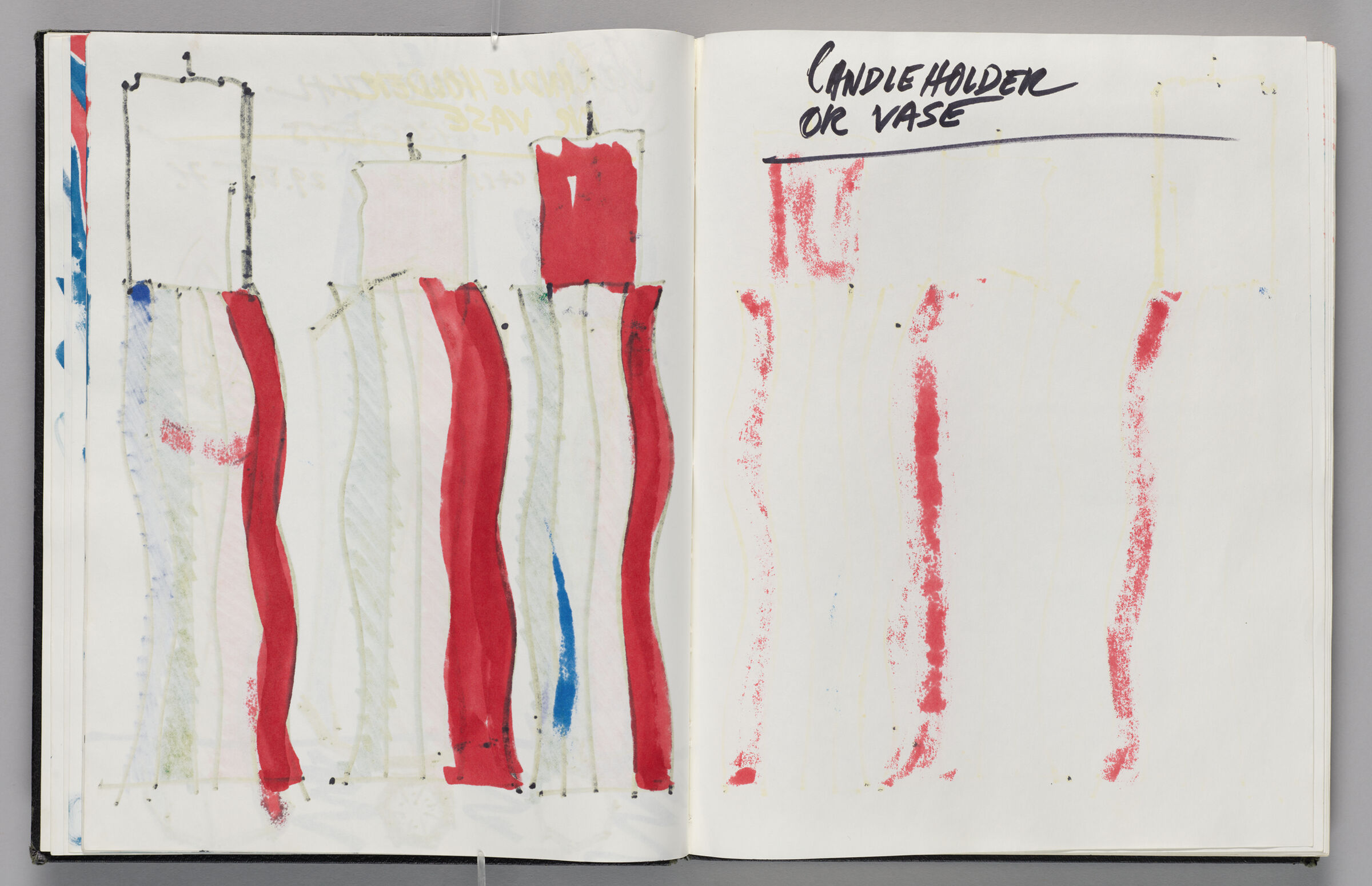 Untitled (Bleed-Through Of Previous Page, Left Page); Untitled (Text Above Bleed-Through Of Red Candlestick Designs, Right Page)