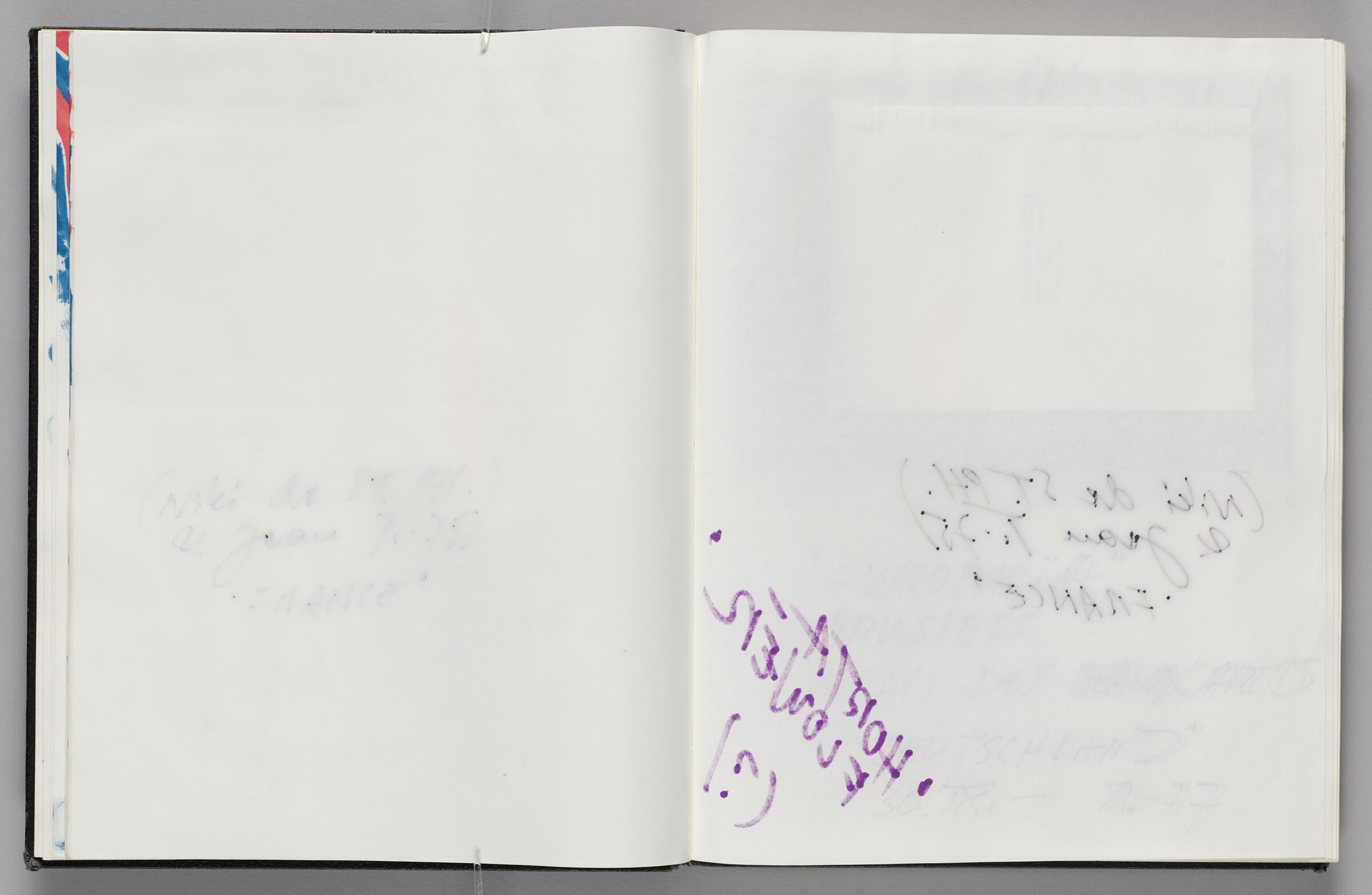 Untitled (Color Transfer Of Text On Following Pages, Left Page); Untitled (Bleed-Through Of Following Page, Right Page)