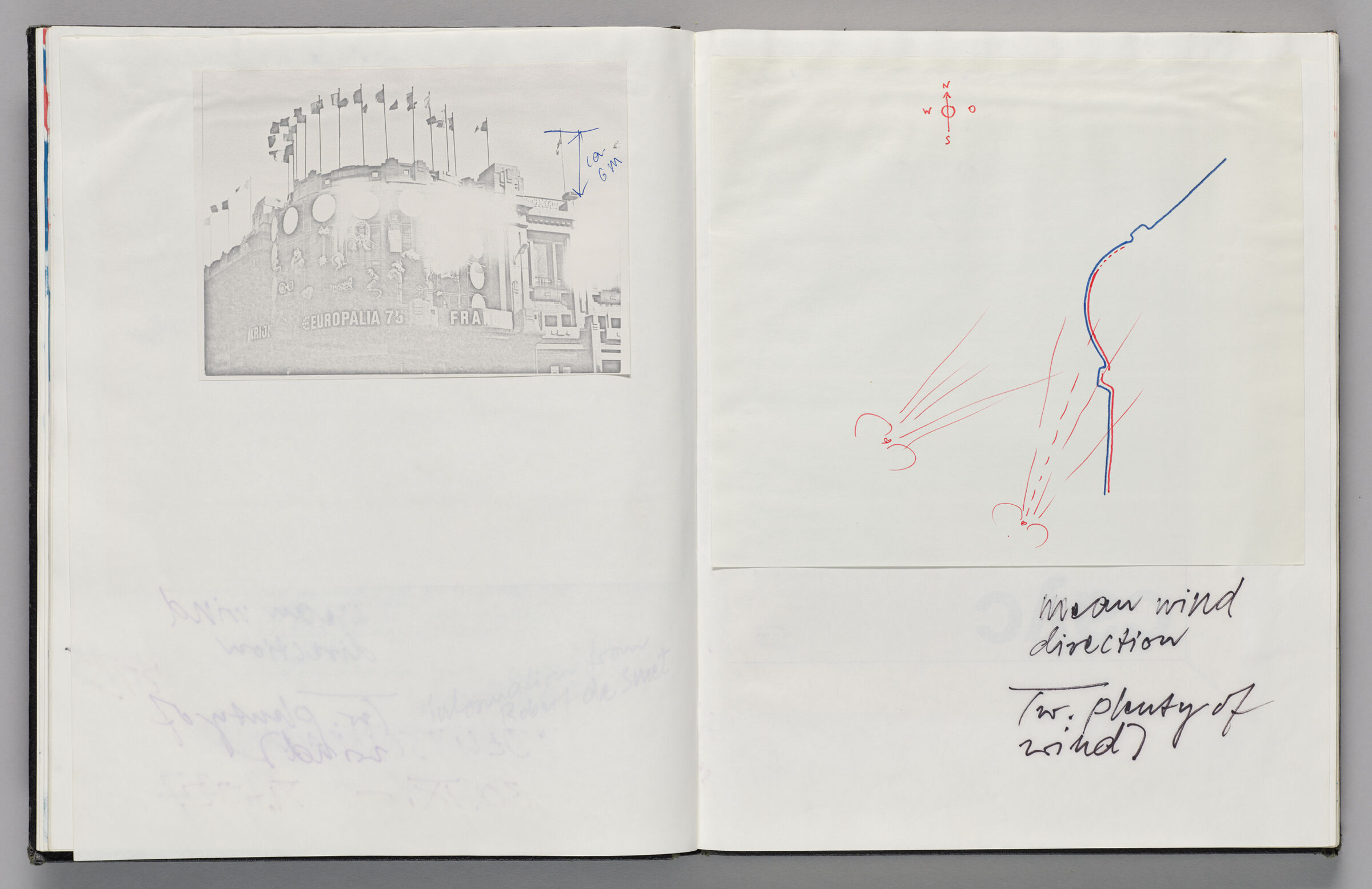 Untitled (Pasted Photocopy Of Façade With Measurements, Left Page); Untitled (Pasted Sketch Of Wind Directions, Right Page)