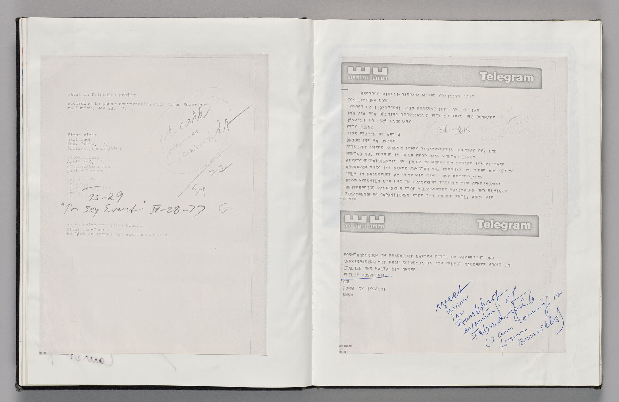 Untitled (Pasted Itinery With Notes, Left Page); Untitled (Pasted Copy Of Telegrams With Notes, Right Page)