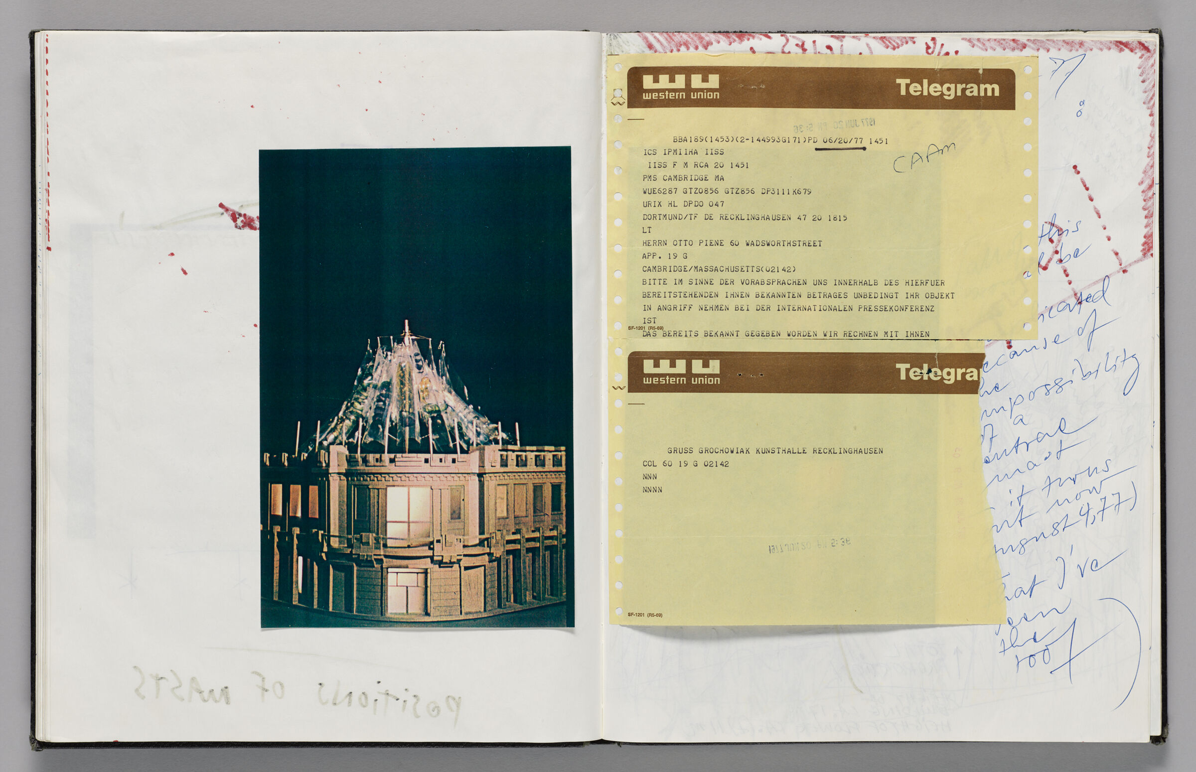 Untitled (Pasted Photograph, Left Page); Untitled (Pasted Photograph With Notes, Telegram Messages Pasted Atop, Right Page)