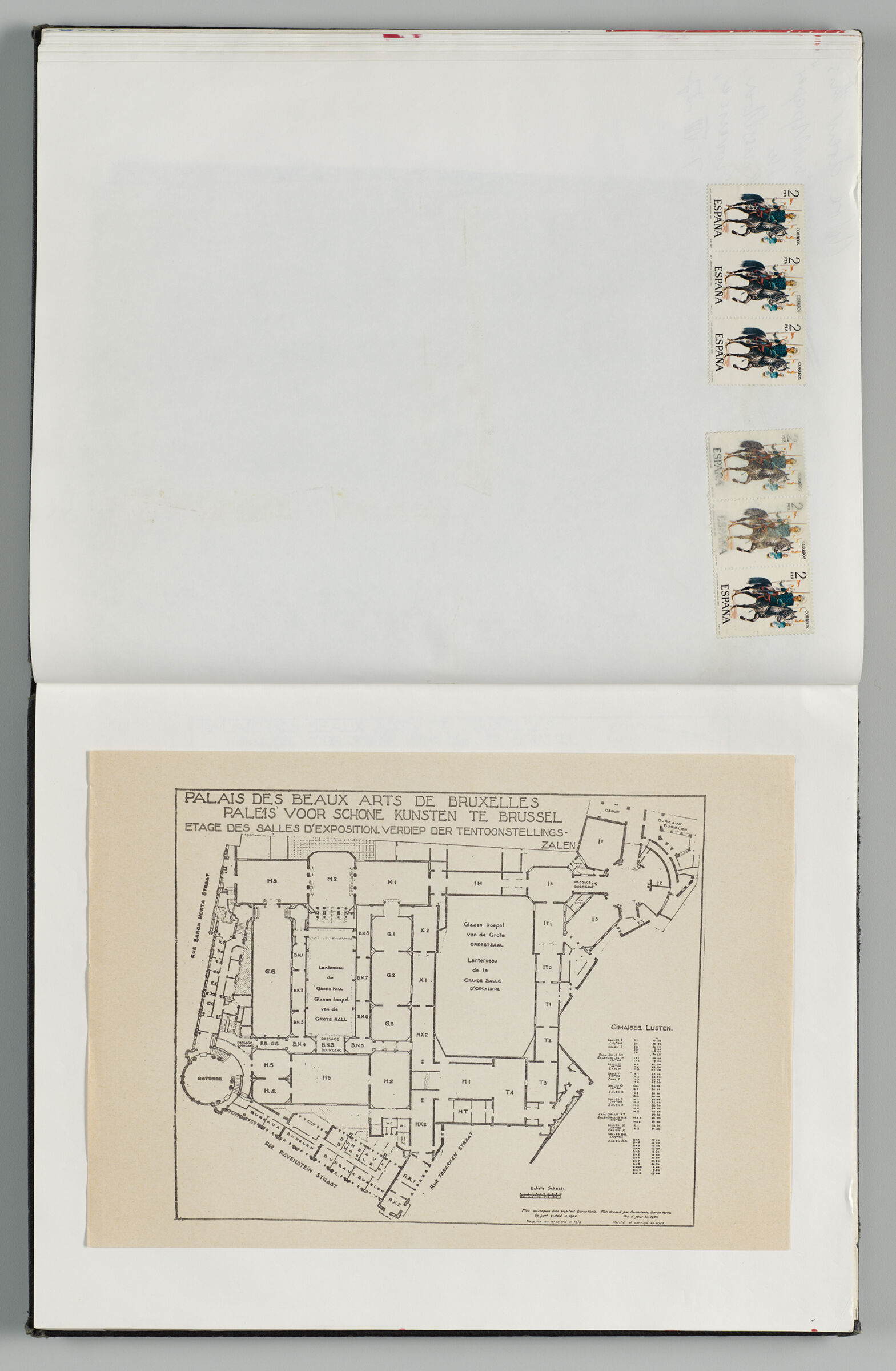 Untitled (Stamps From Spain, Left Page); Untitled (Pasted Architectural Plan For Palais Des Beaux Arts De Bruxelles)