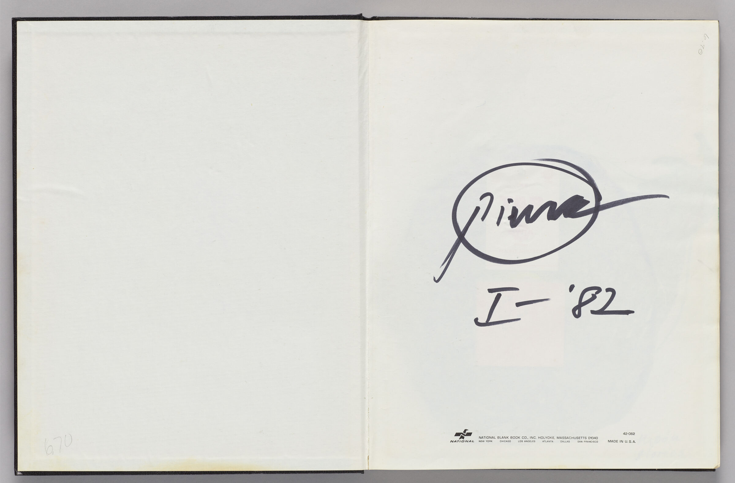 Untitled (Blank, Front Endpaper, Left Page); Untitled (Piene Signature, Right Page)