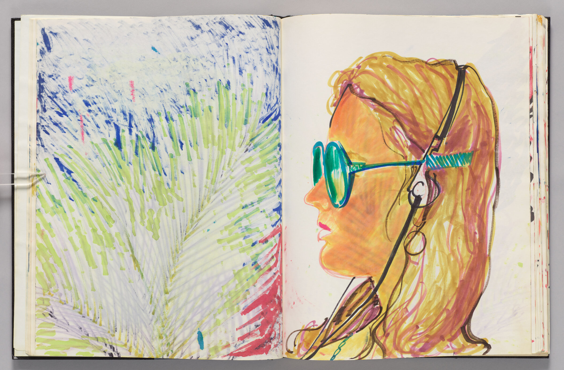 Untitled (Bleed-Through Of Previous Page, Left Page); Untitled (Profile Portrait Of Female Figure (Elizabeth Goldring) With Headphones And Sunglasses, Right Page)