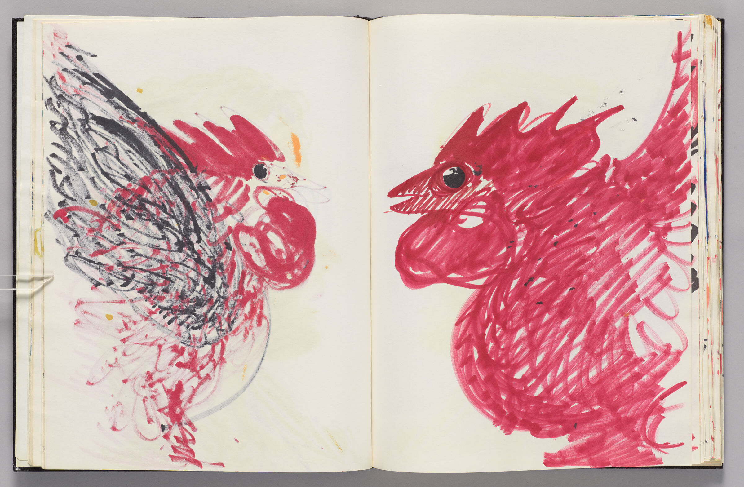Untitled (Bleed-Through Of Previous Page, Left Page); Untitled (Rooster In Red With Eye In Black, Right Page)