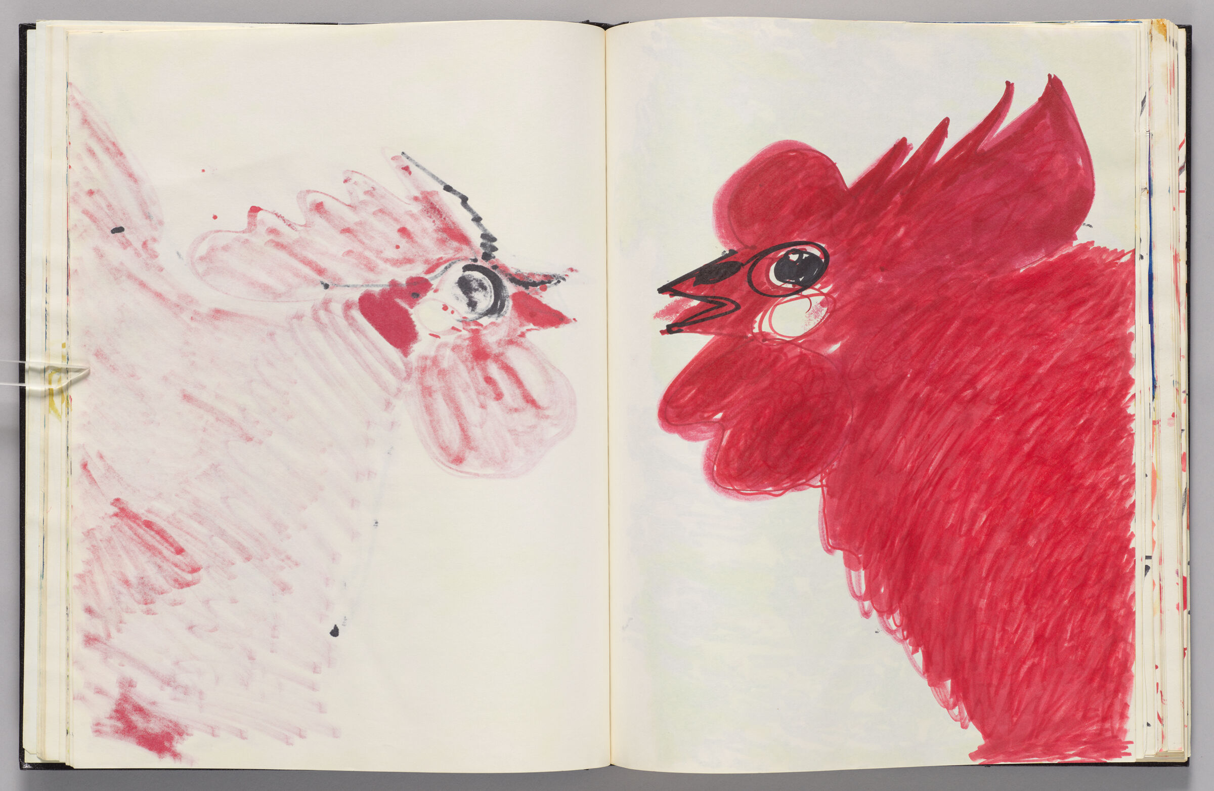 Untitled (Bleed-Through Of Previous Page, Left Page); Untitled (Rooster In Red With Eye And Beak In Black, Right Page)