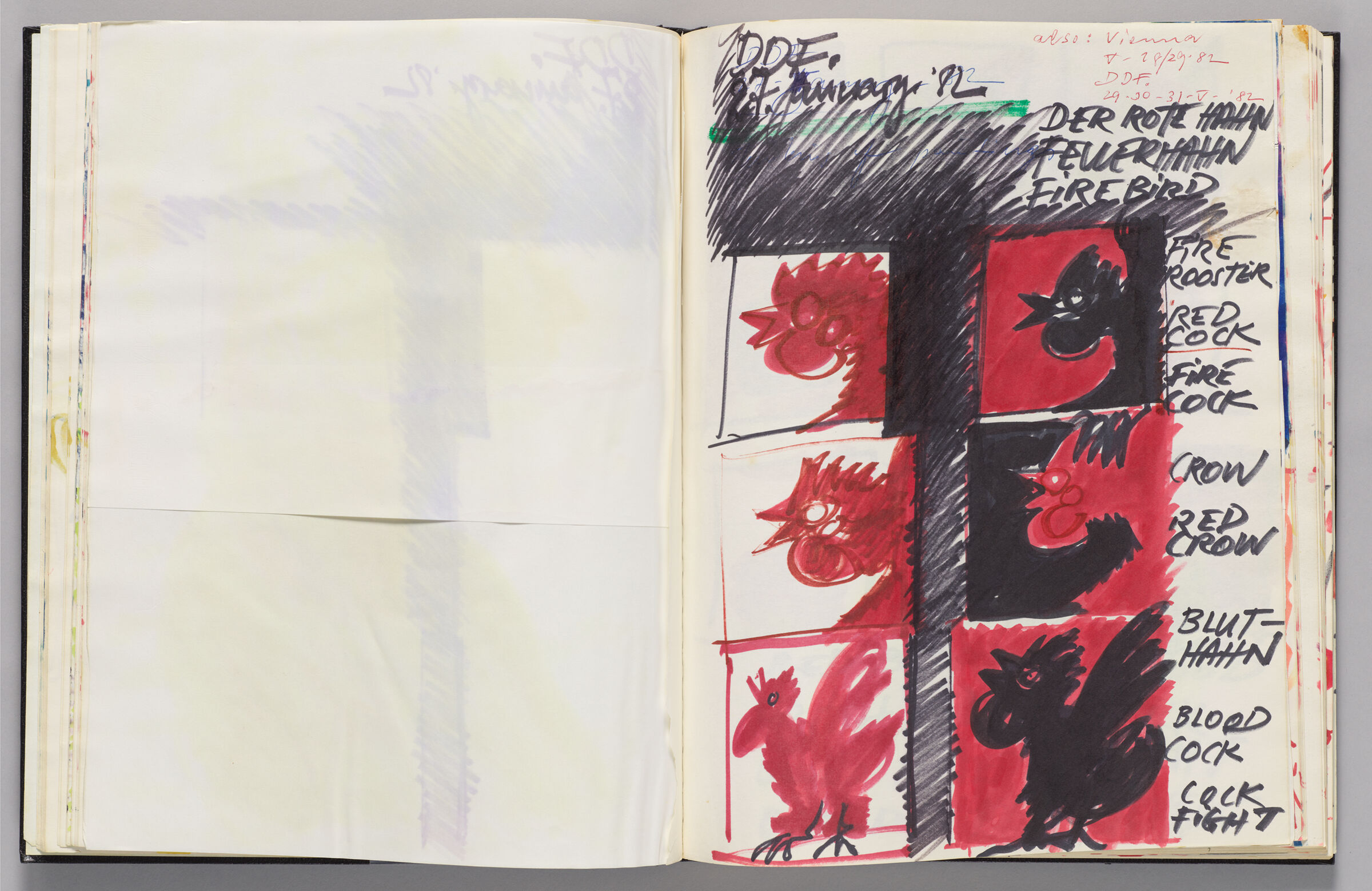 Untitled (Blank, Left Page); Untitled (Firebirds In Red And Black, Right Page)