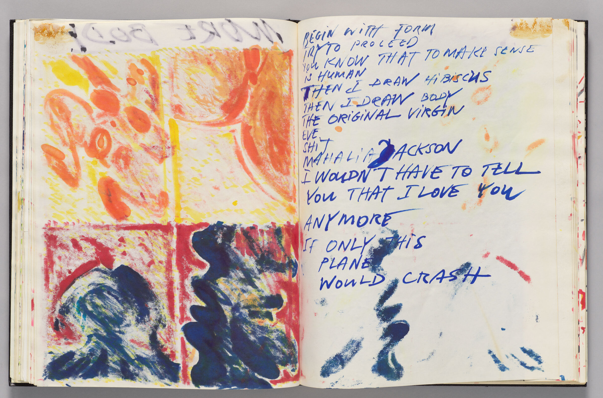 Untitled (Bleed-Through Of Previous Page, Left Page); Untitled (Poem In Blue Marker Atop Color Transfer, Right Page)