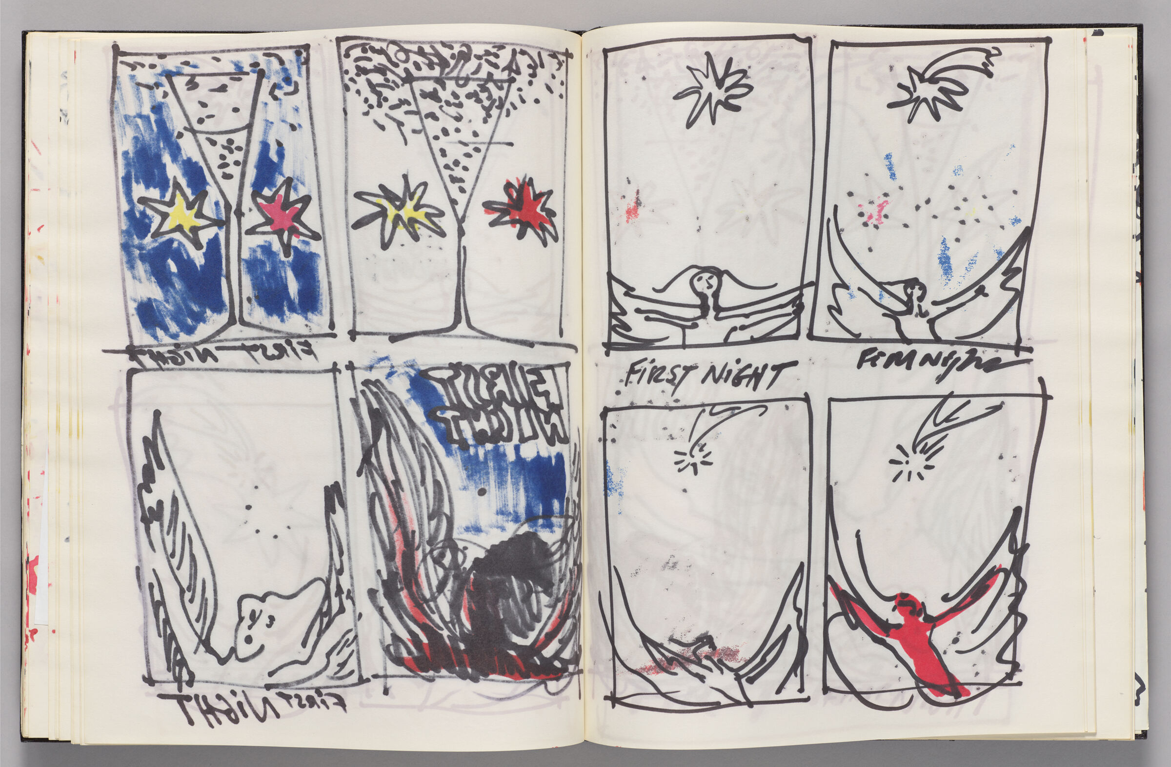 Untitled (Bleed-Through Of Previous Page, Left Page); Untitled (Four Designs For First Night Posters, Right Page)