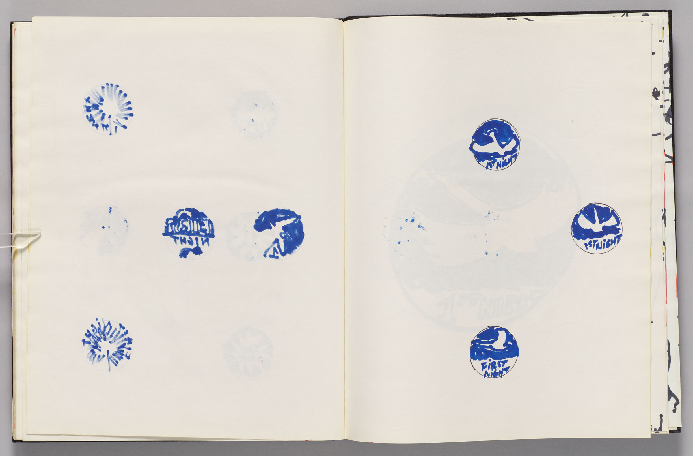 Untitled (Bleed-Through Of Previous Page, Left Page); Untitled (Three Designs For First Night Buttons, Right Page)