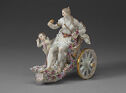 Fair-skinned young woman (Venus) rides in a floral covered chariot with a cherub and two doves near the front.　