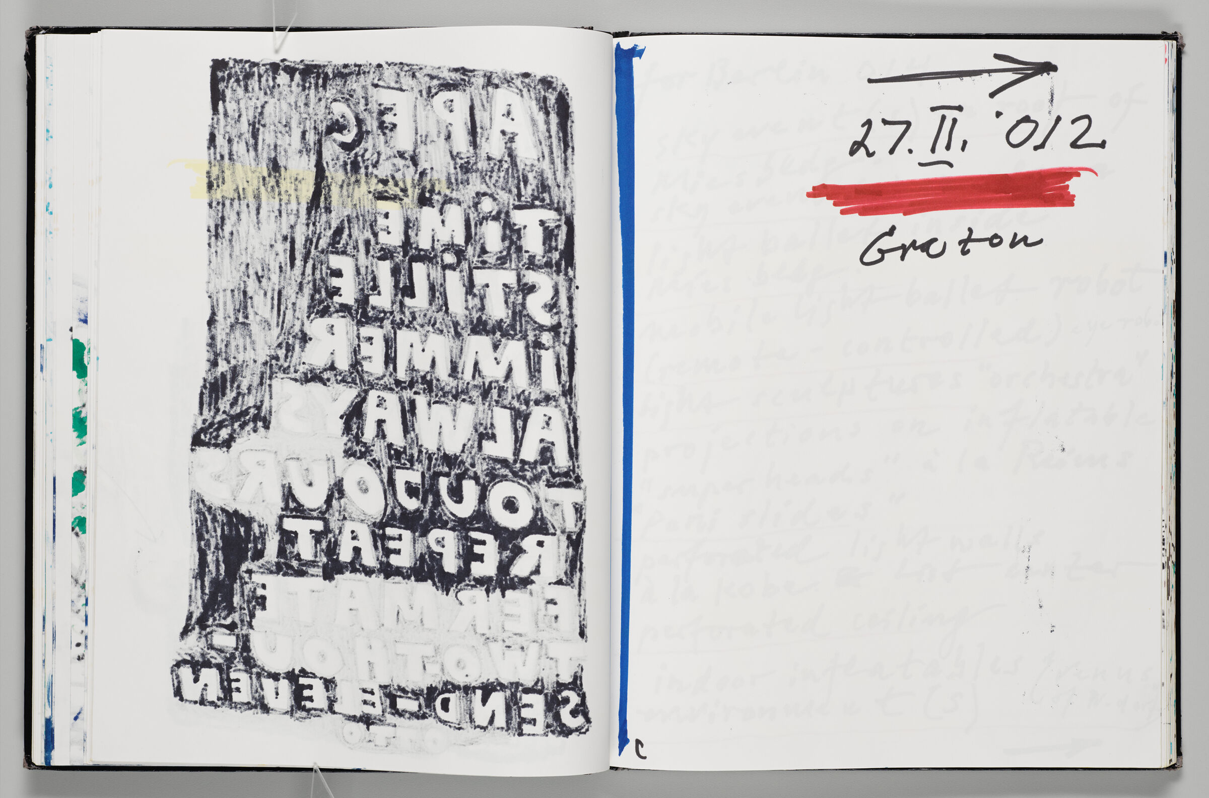 Untitled (Bleed-Through Of Previous Page With Color Transfer, Left Page); Untitled (Note, Right Page)