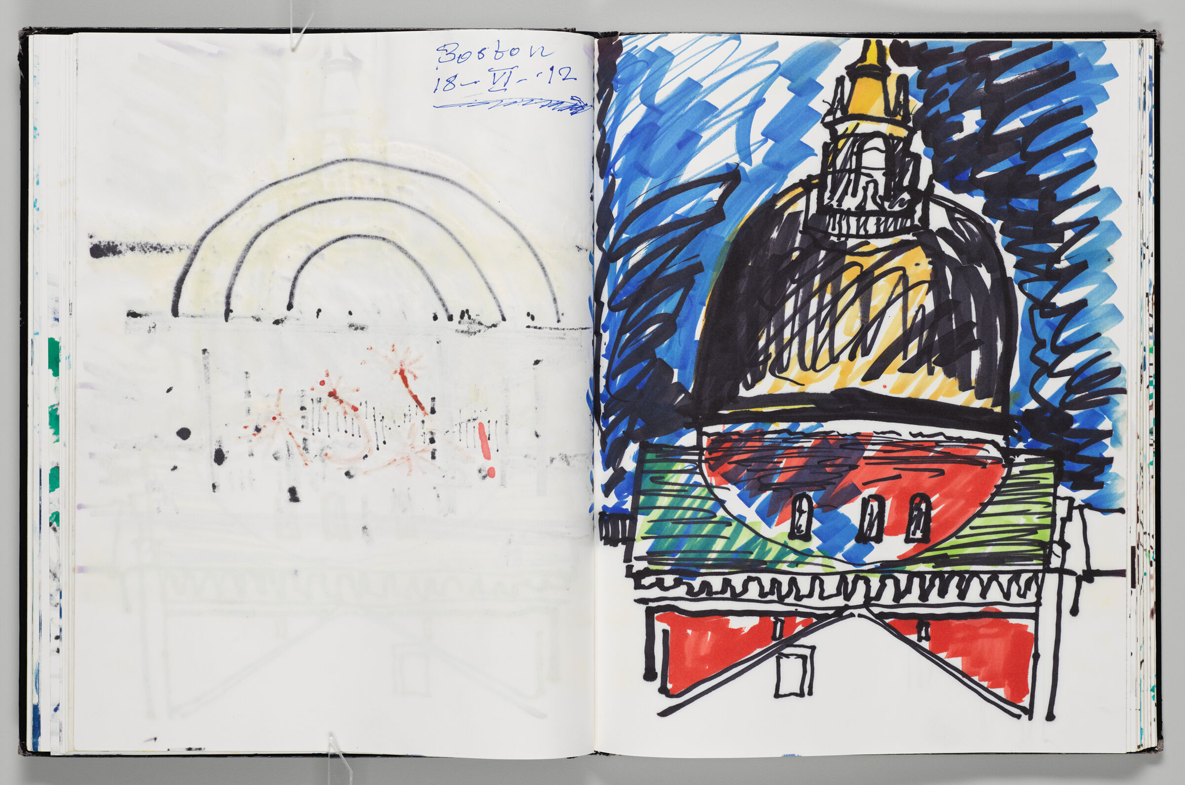 Untitled (Bleed-Through Of Previous Page With Color Transfer And Note, Left Page); Untitled (Massachusetts State House, Right Page)