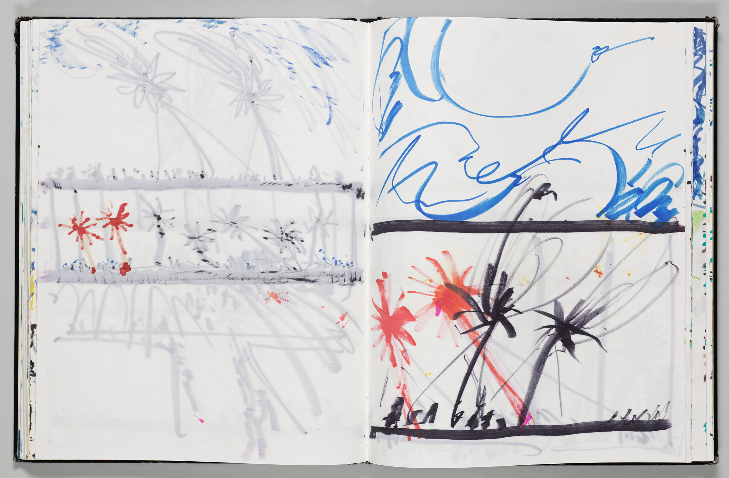Untitled (Bleed-Through Of Previous Page And Color Transfer, Left Page); Untitled (Design For Neue Nationalgalerie Inflatables Over Bleed-Through Of Following Page And Color Transfer, Right Page)