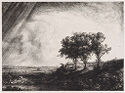 A print of a landscape depicts three medium size leafy trees located on top of a small hill