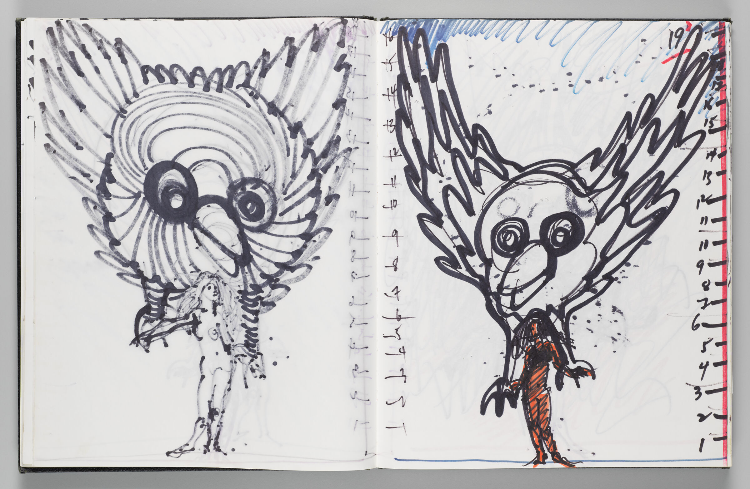 Untitled (Bleed-Through Of Previous Page, Left Page); Untitled (Sparrow Headpiece On Figure With Scale, Right Page)