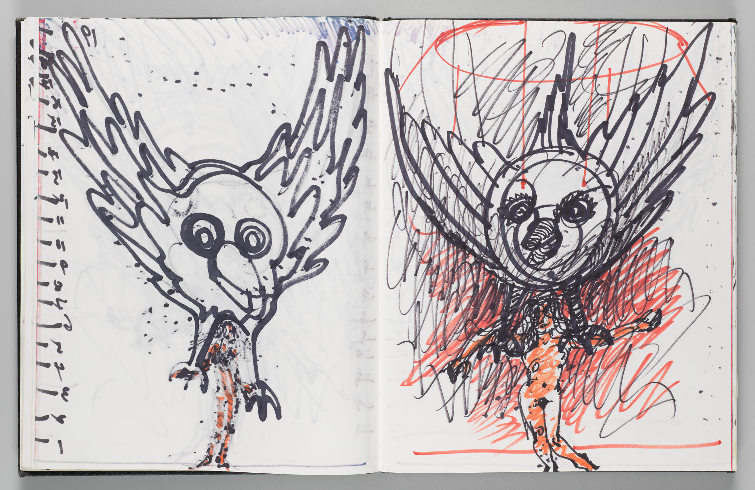 Untitled (Bleed-Through Of Previous Page, Left Page); Untitled (Sparrow Headpiece On Figure, Right Page)