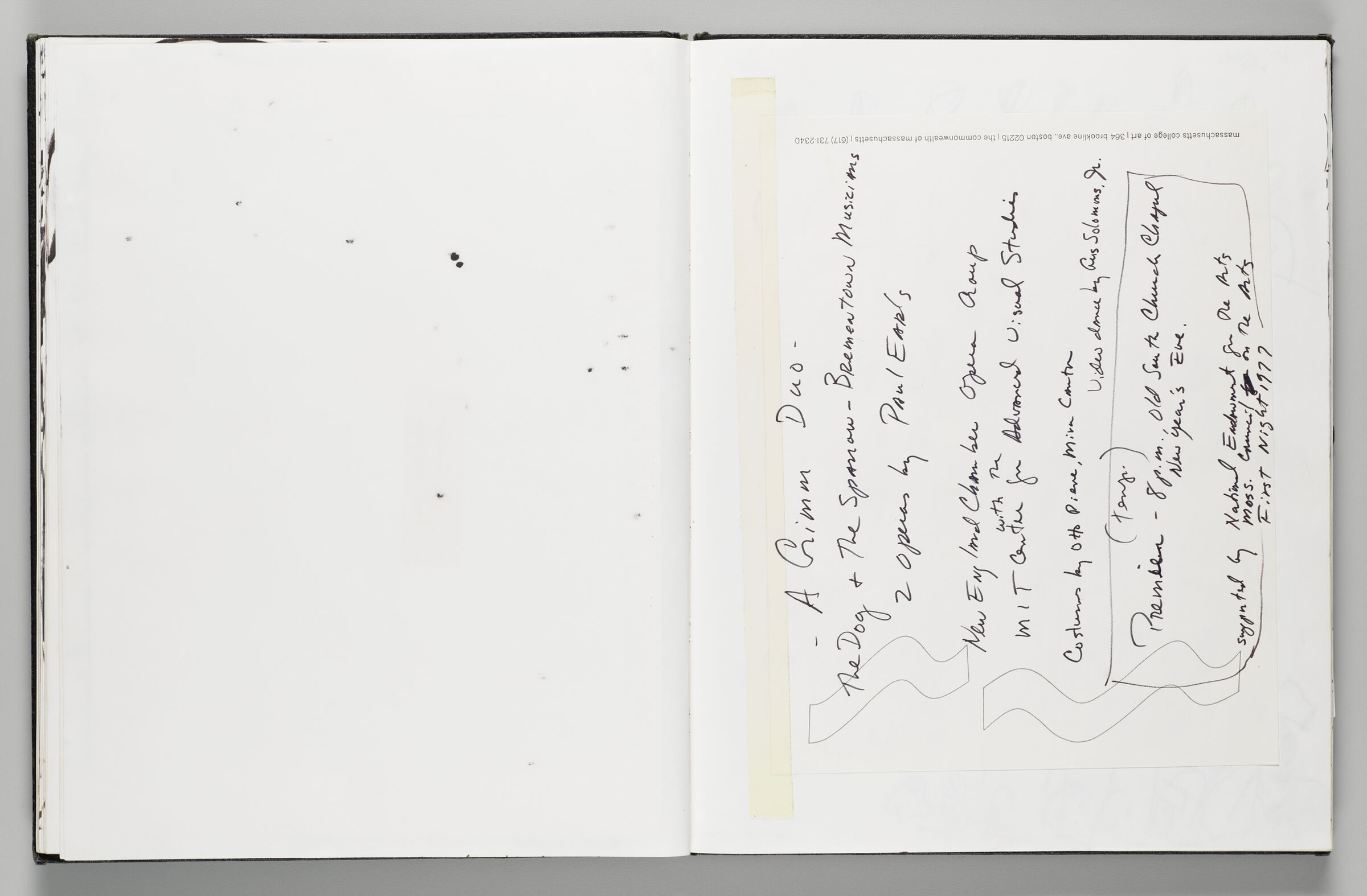Untitled (Stray Black Marks, Left Page); Untitled (Taped In Note, Right Page)
