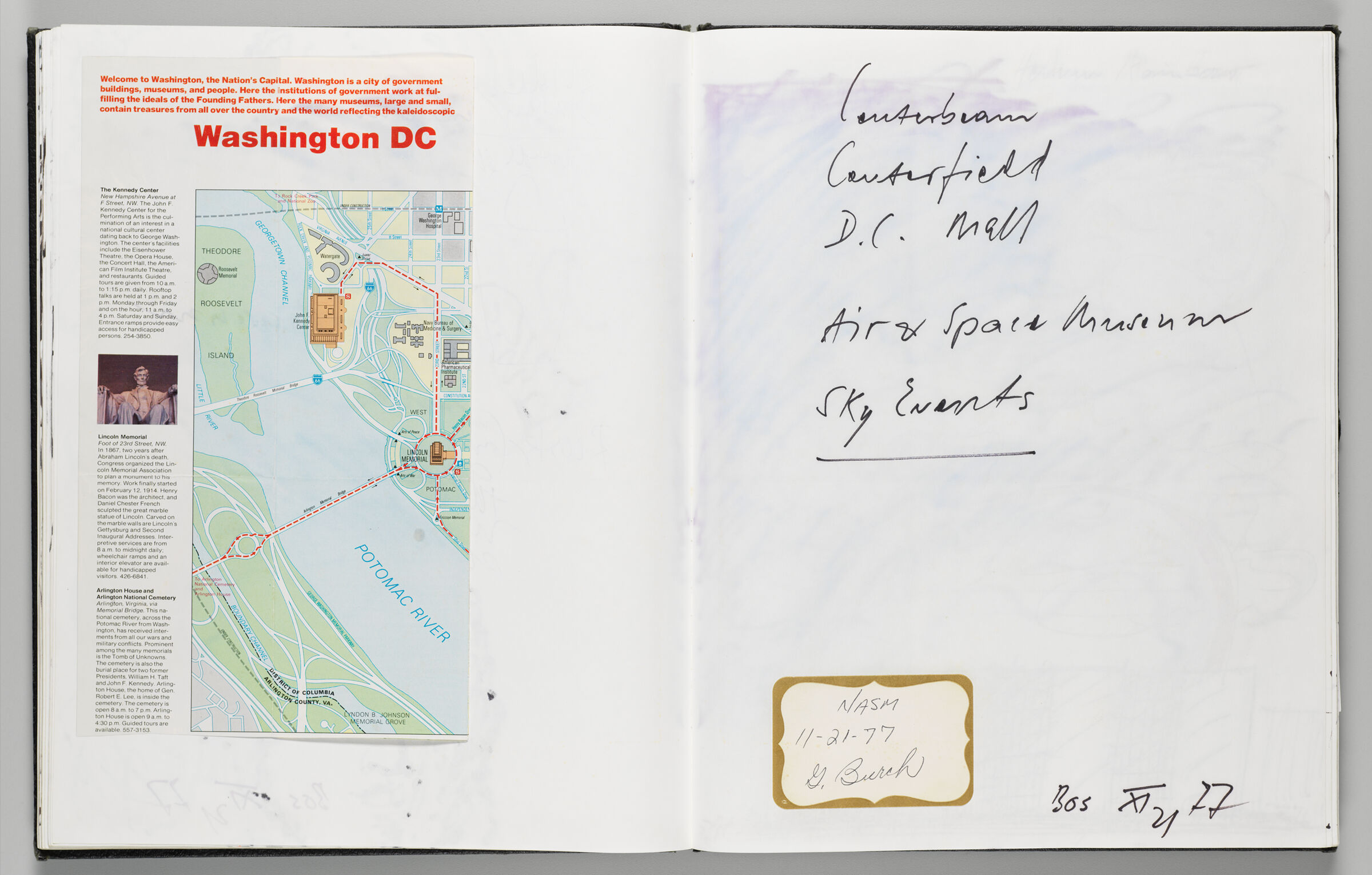 Untitled (Pasted-In Pamphlet And Map Of Washington, D.c., Left Page); Untitled (Notes And Color Transfer, Right Page)
