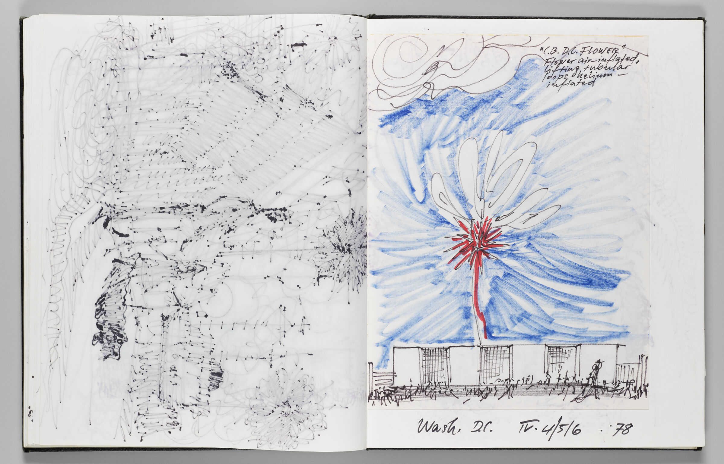 Untitled (Bleed-Through Of Previous Page And Color Transfer, Left Page); Untitled (Pasted-In Sky Art Sketch And Notes, Right Page)