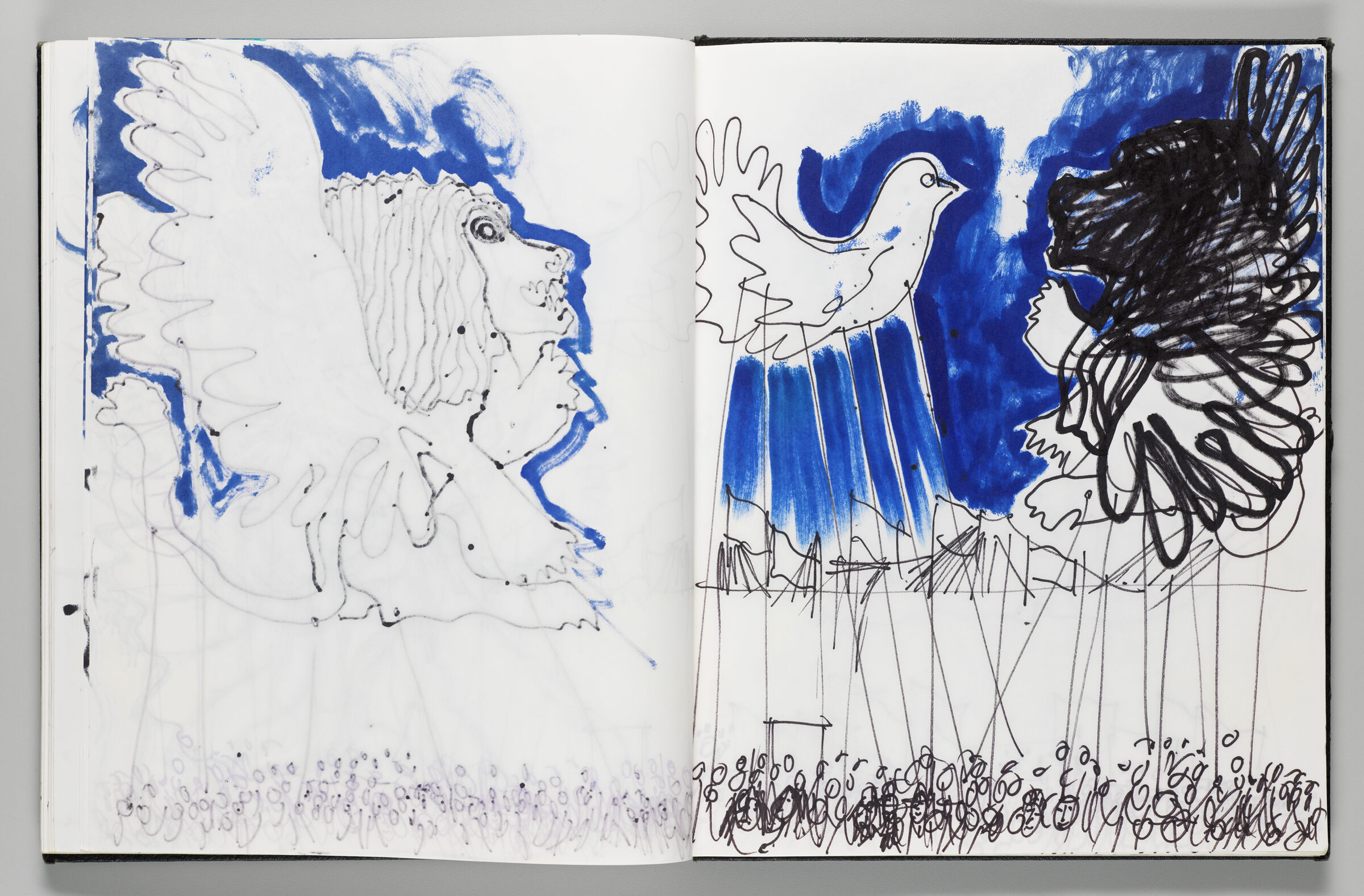 Untitled (Bleed-Through Of Previous Page, Left Page); Untitled (Winged Lion [Based On Löwenbrau Logo]  And Bird Inflatables With Color Transfer, Right Page)