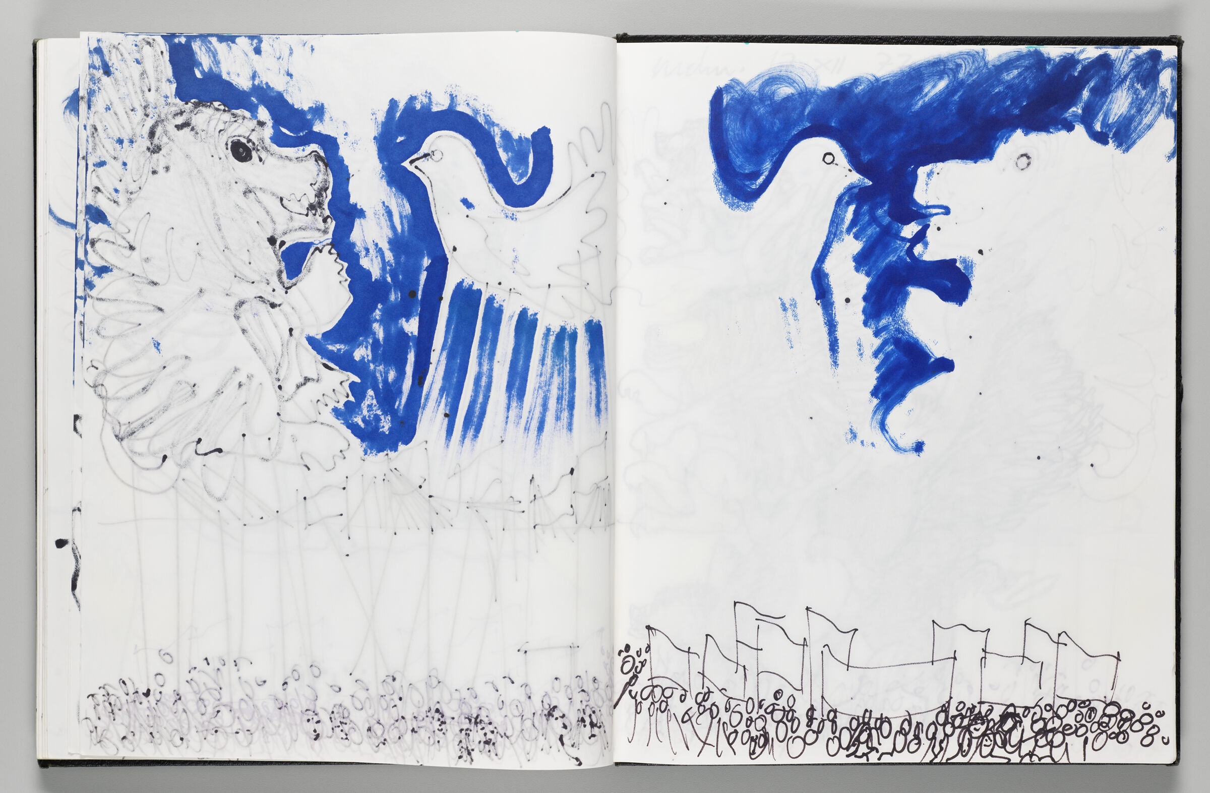 Untitled (Bleed-Through Of Previous Page, Left Page); Untitled (Silhouette Of Winged Lion [Based On Löwenbrau Logo] And Bird Inflatables Using Color Transfer For Outline, Right Page)
