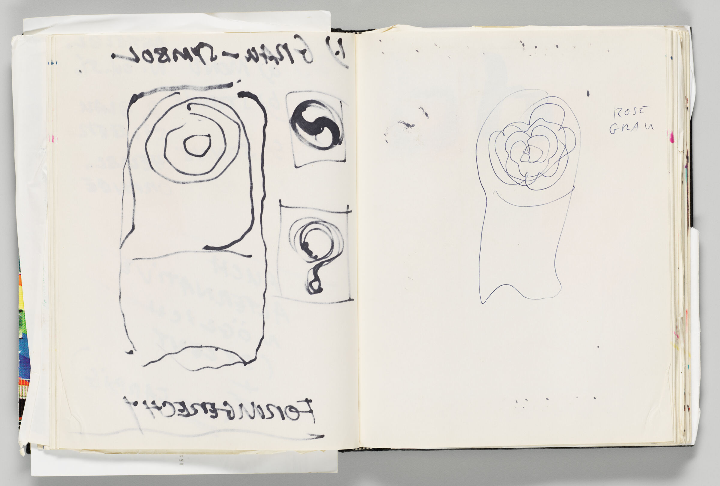 Untitled (Bleed-Through Of Previous Page, Left Page); Untitled (Design And Note With Faint Color Transfer, Right Page)