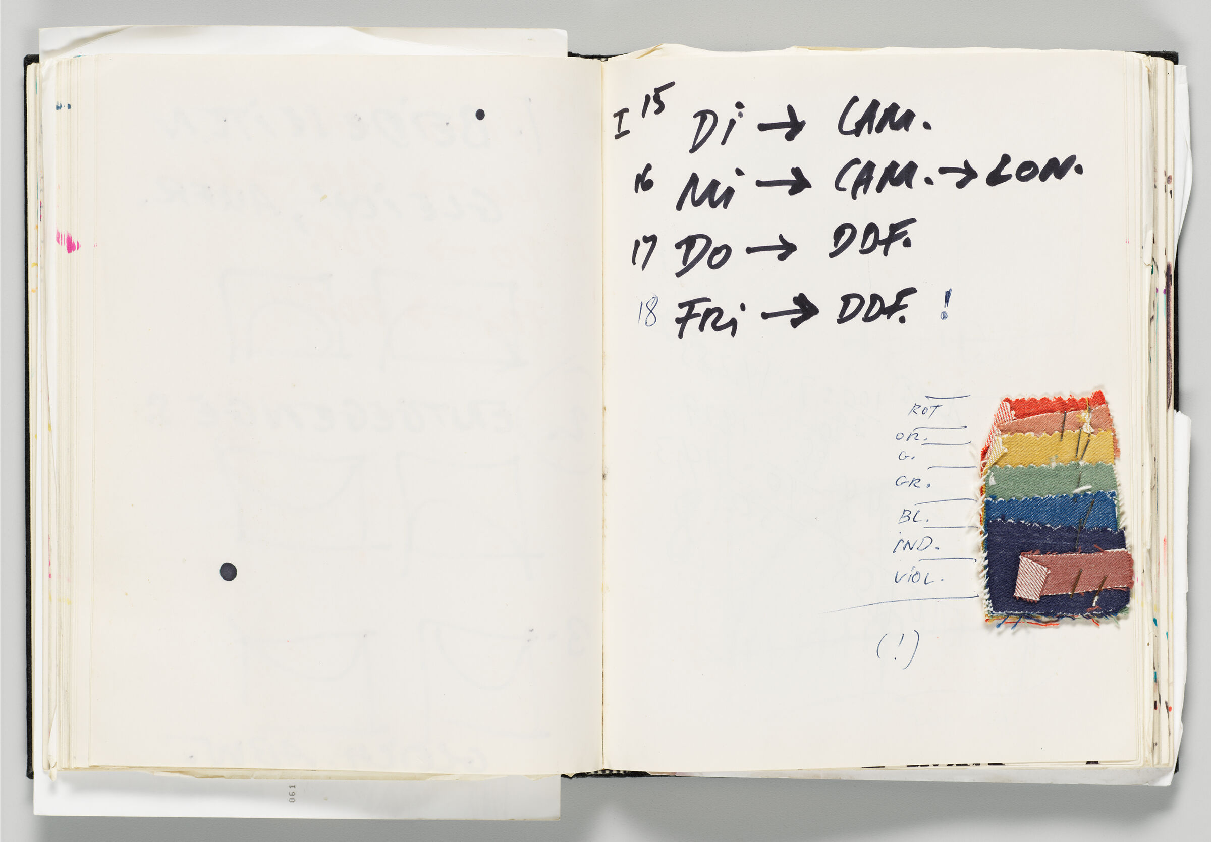 Untitled (Blank With Faint Color Transfer, Left Page); Untitled (Notes And Rainbow-Colored Fabric Swatches, Right Page)