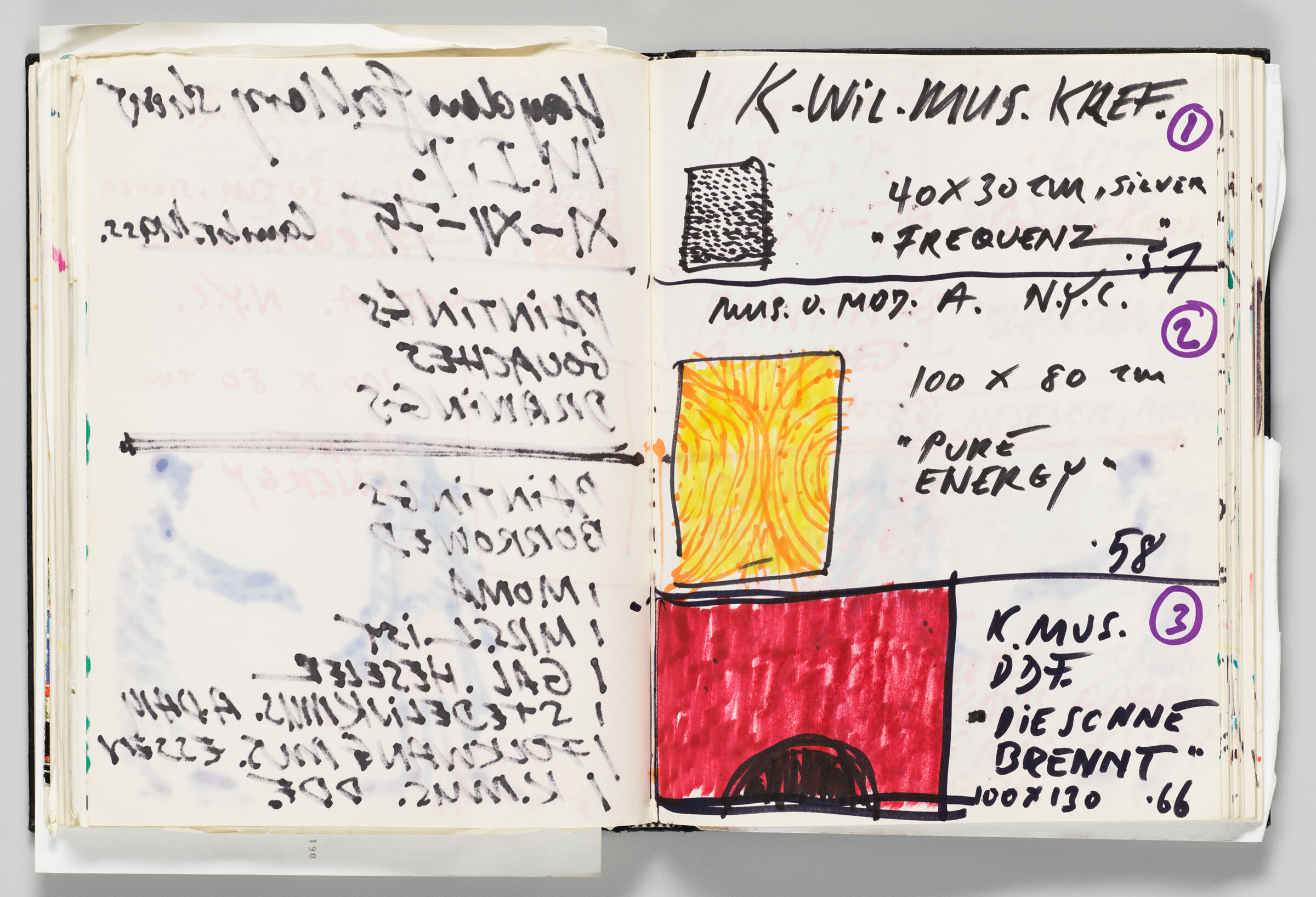 Untitled (Bleed-Through Of Previous Page And Color Transfer, Left Page); Untitled (Sketches Of Paintings For Show, Right Page)