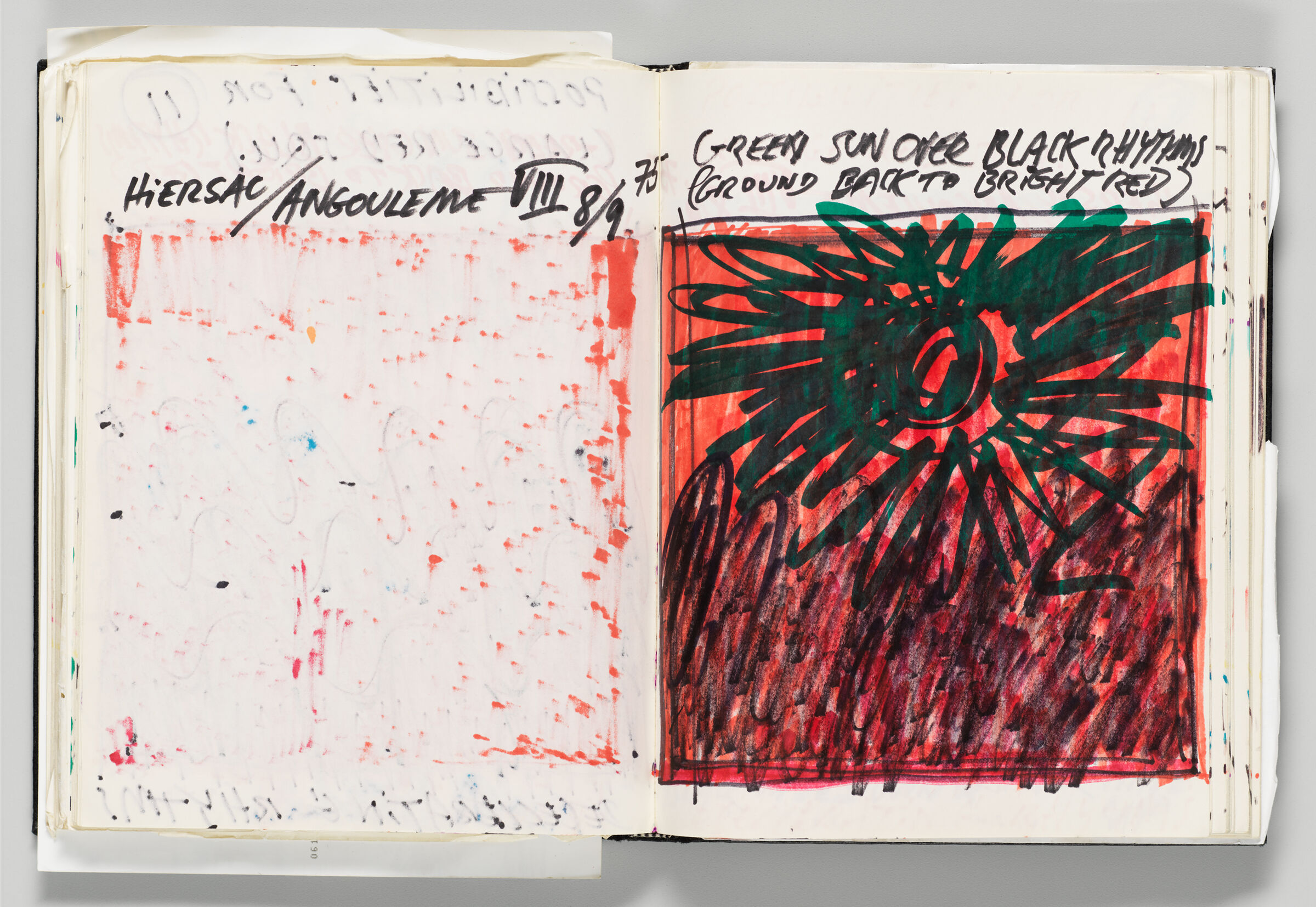Untitled (Note With Bleed-Through Of Previous Page And Color Transfer, Left Page); Untitled (Sketch And Note On Painting, Right Page)