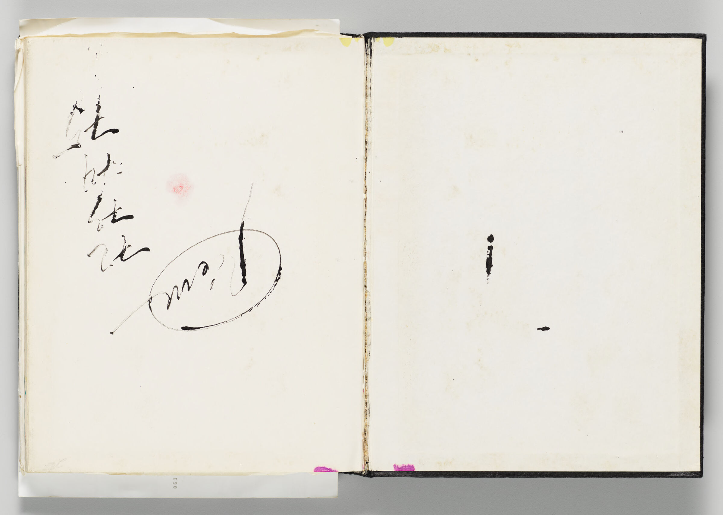 Untitled (Signature, Left Page); Untitled (Blank Back Endpaper With Ink Transfer, Right Page)