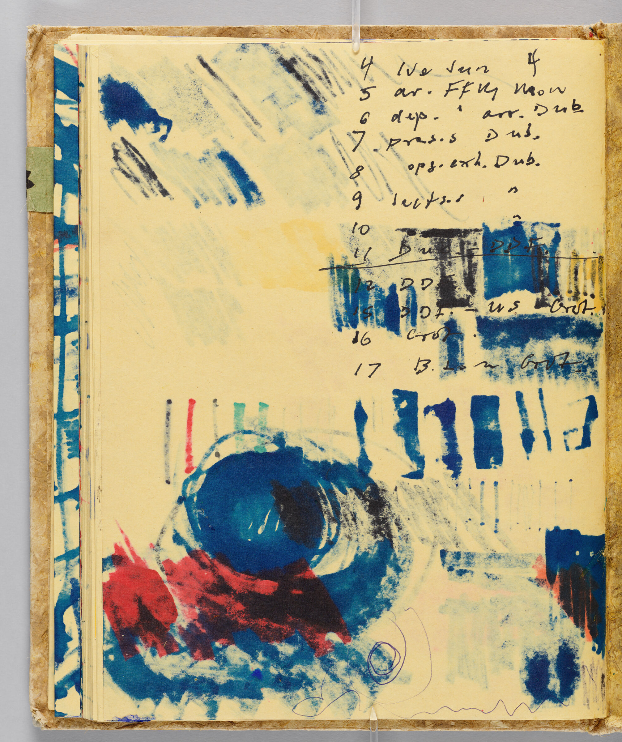 Untitled (Bleed-Through Of Previous Page With Handwritten Schedule, Left Page); Untitled (Back Endpaper With Color Transfer And Stray Marks, Right Page)
