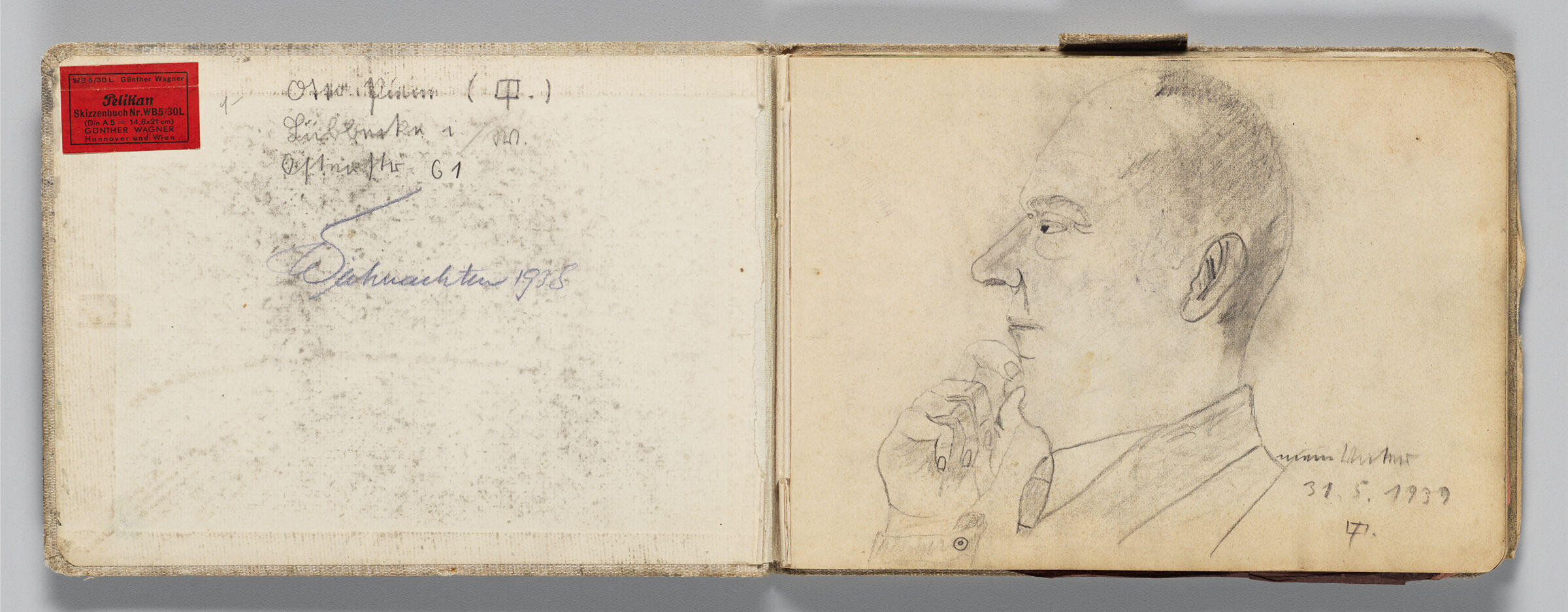 Untitled (Front Endpaper With Signature And Address, Left Page); Untitled (Portrait In Profile Of The Artist's Father, Right Page)