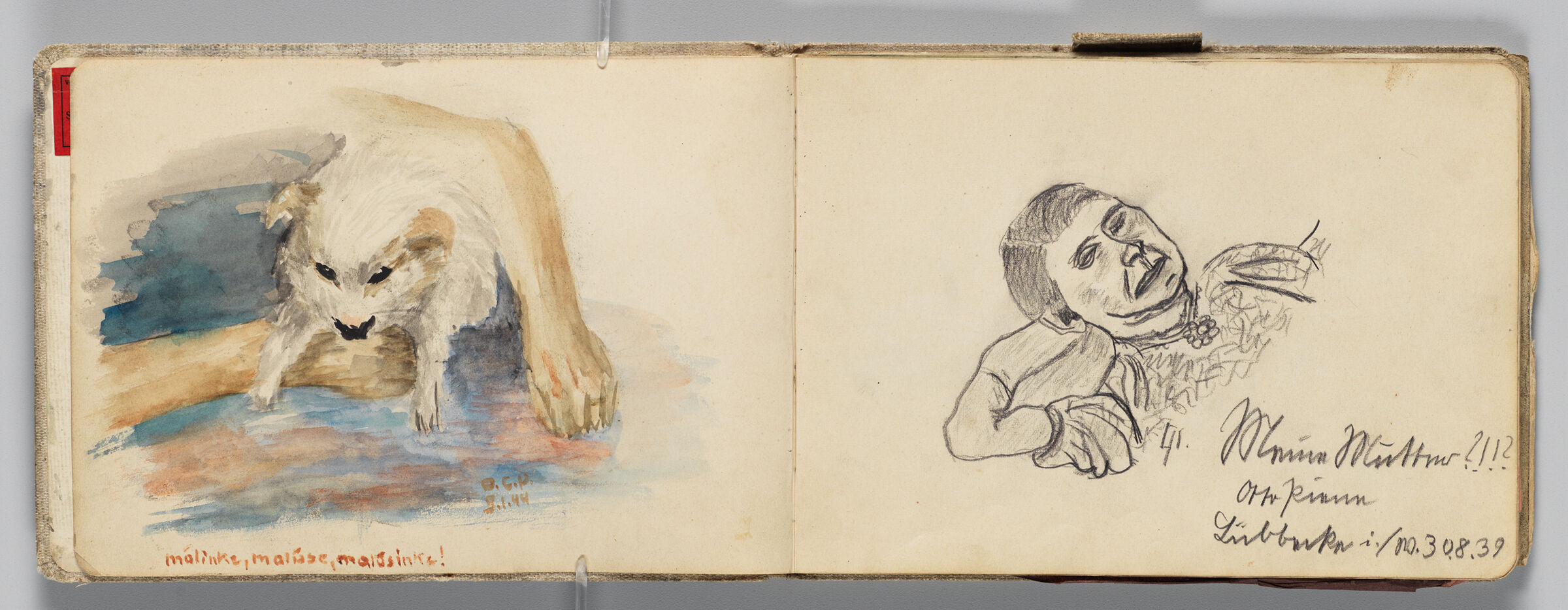 Untitled (Sketch Of Small Animal, Left Page); Untitled (Portrait Of Female Figure [Artist's Mother], Right Page)