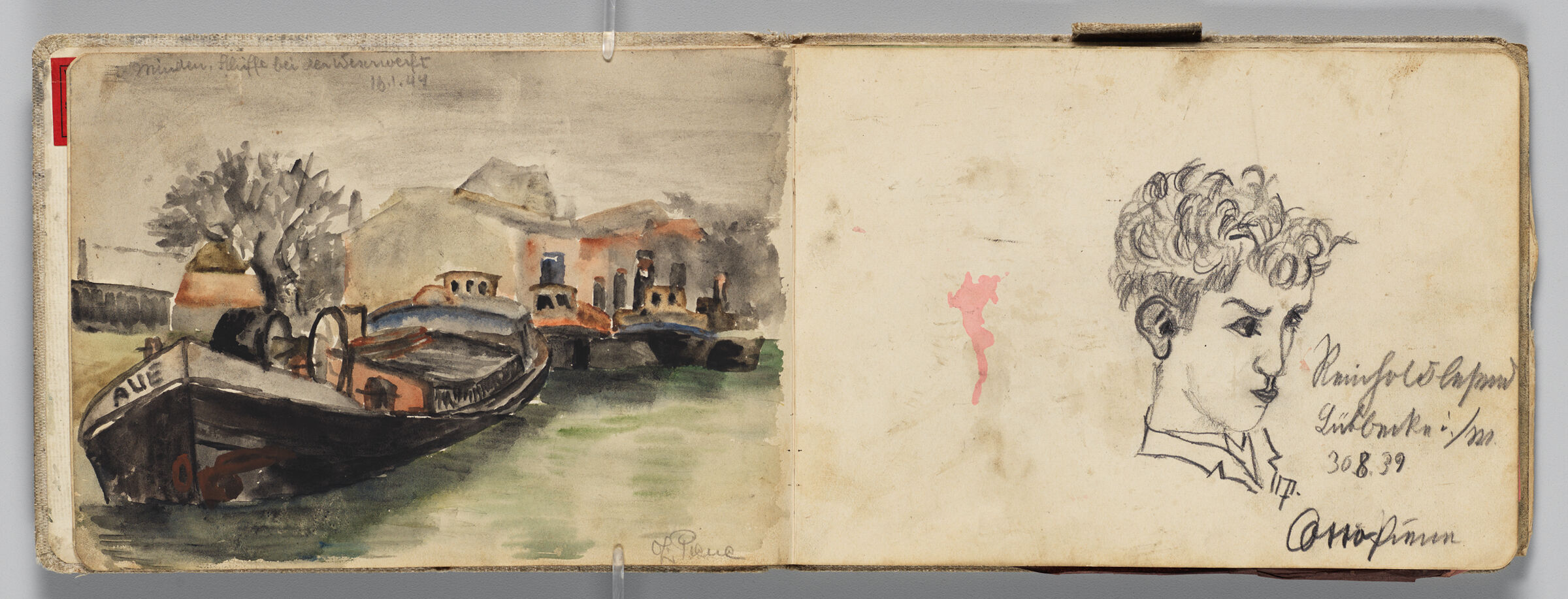 Untitled (Sketch Of Shipyard Along The Weser River In Minden, Germany, Left Page); Untitled (Portrait Of The Artist's Older Brother [Reinhold], Right Page)
