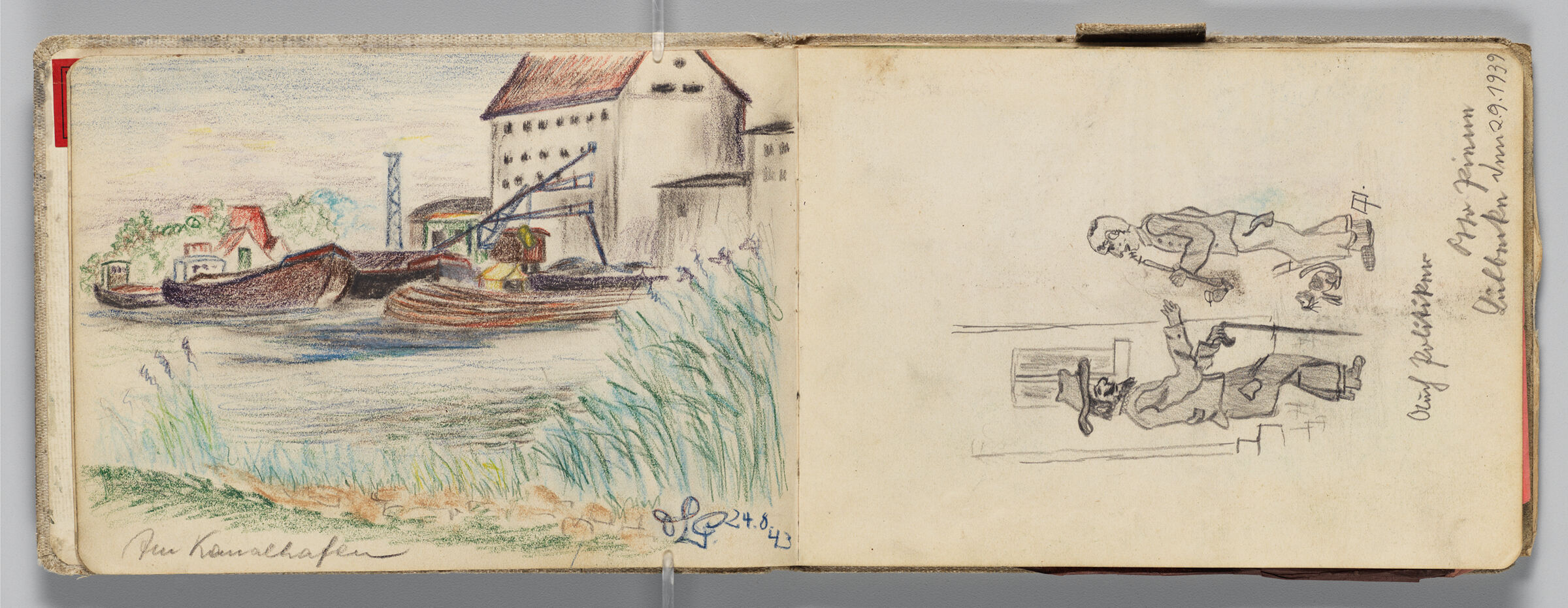 Untitled (Sketch Of Port Along Canal, Left Page); Untitled (Sketch Of Two Men Meeting On The Street, Right Page)