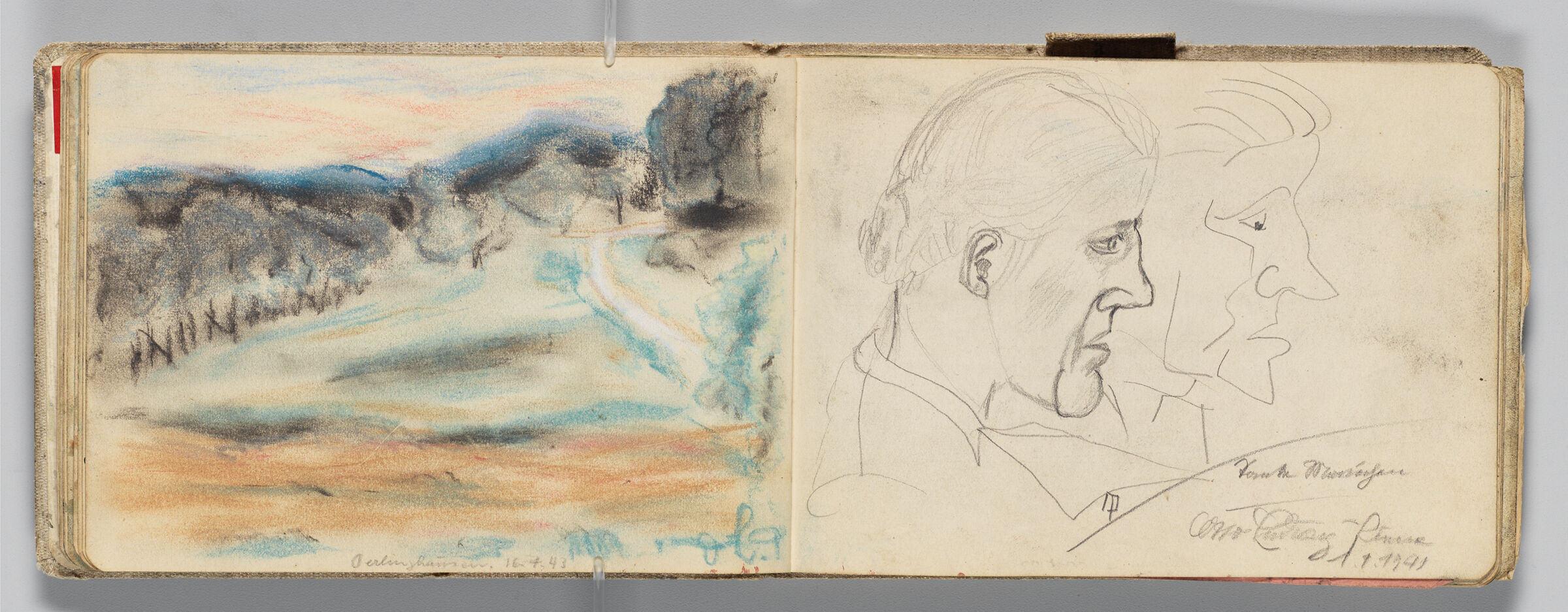 Untitled (Landscape, Left Page); Untitled (Two Sketches Of Figure In Profile, Right Page)