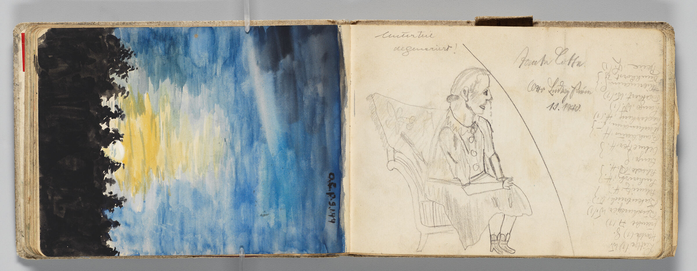 Untitled (Sun Above Forrest, Left Page); Untitled (Sketch Of Seated Woman [Artist's Aunt], Right Page)