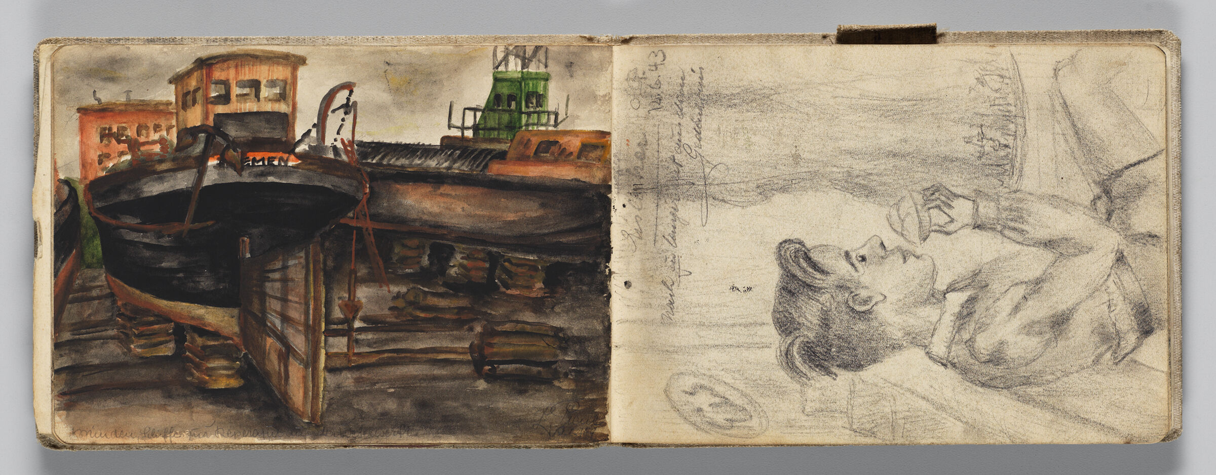 Untitled (Ships In Yard, Left Page); Untitled (Boy Eating A Treat, Right Page)