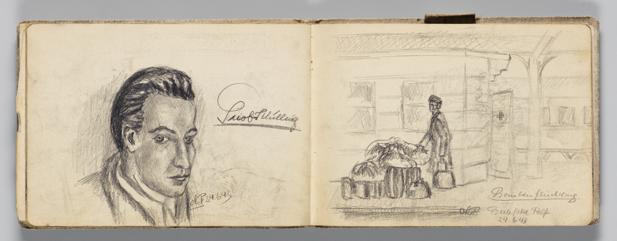 Untitled (Portrait Of Young Man, Left Page); Untitled (Sketch Of Woman On Street, Right Page)