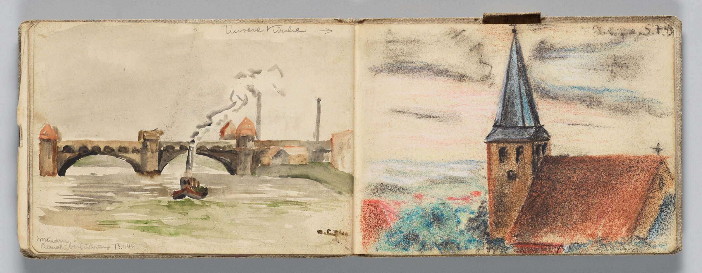 Untitled (Steamboat In Minden, Left Page); Untitled (Sketch Of Artist's Hometown Church, Right Page)