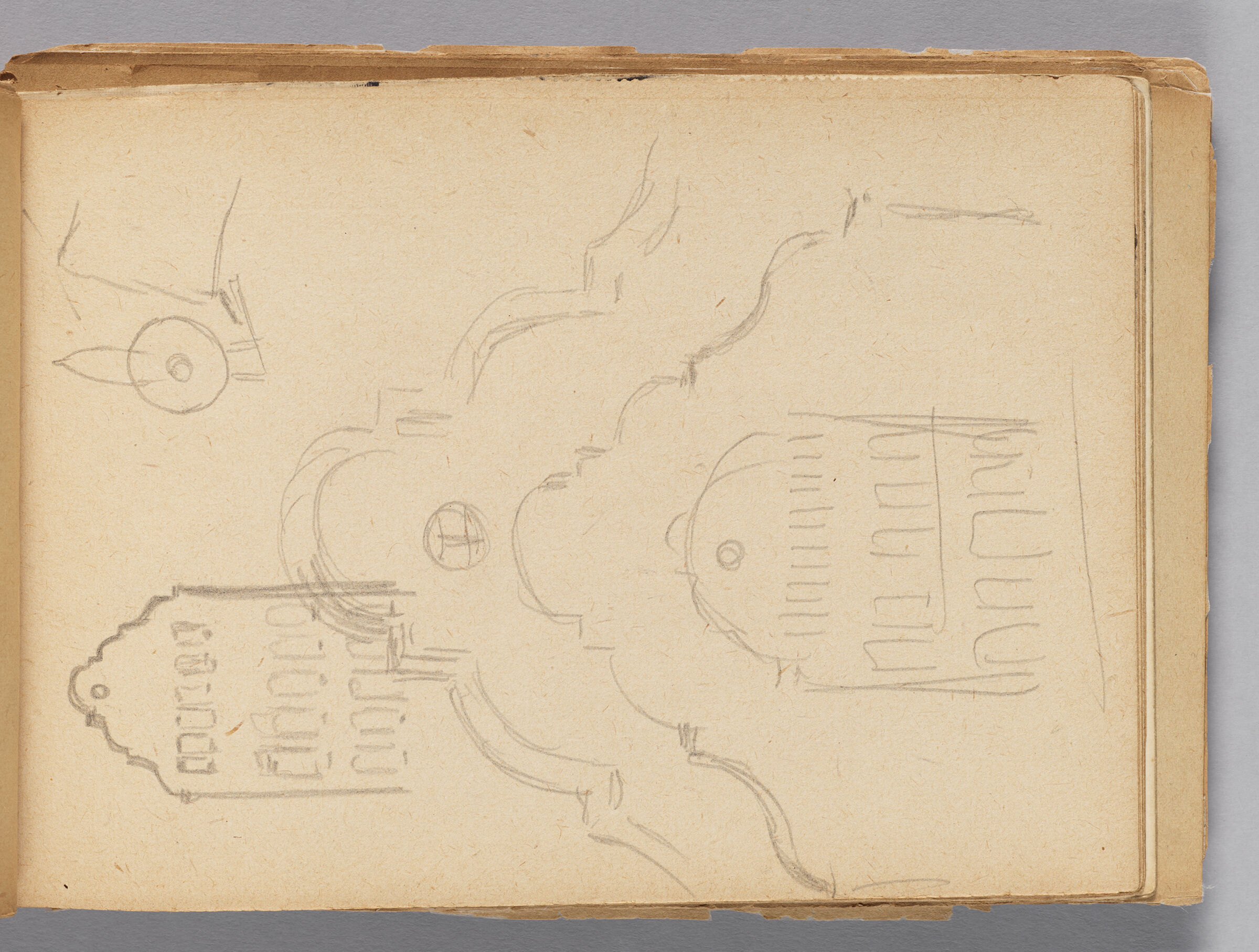 Untitled (Female Figure At Spinning Wheel, Left Page); Untitled (Architectural Sketches, Right Page)