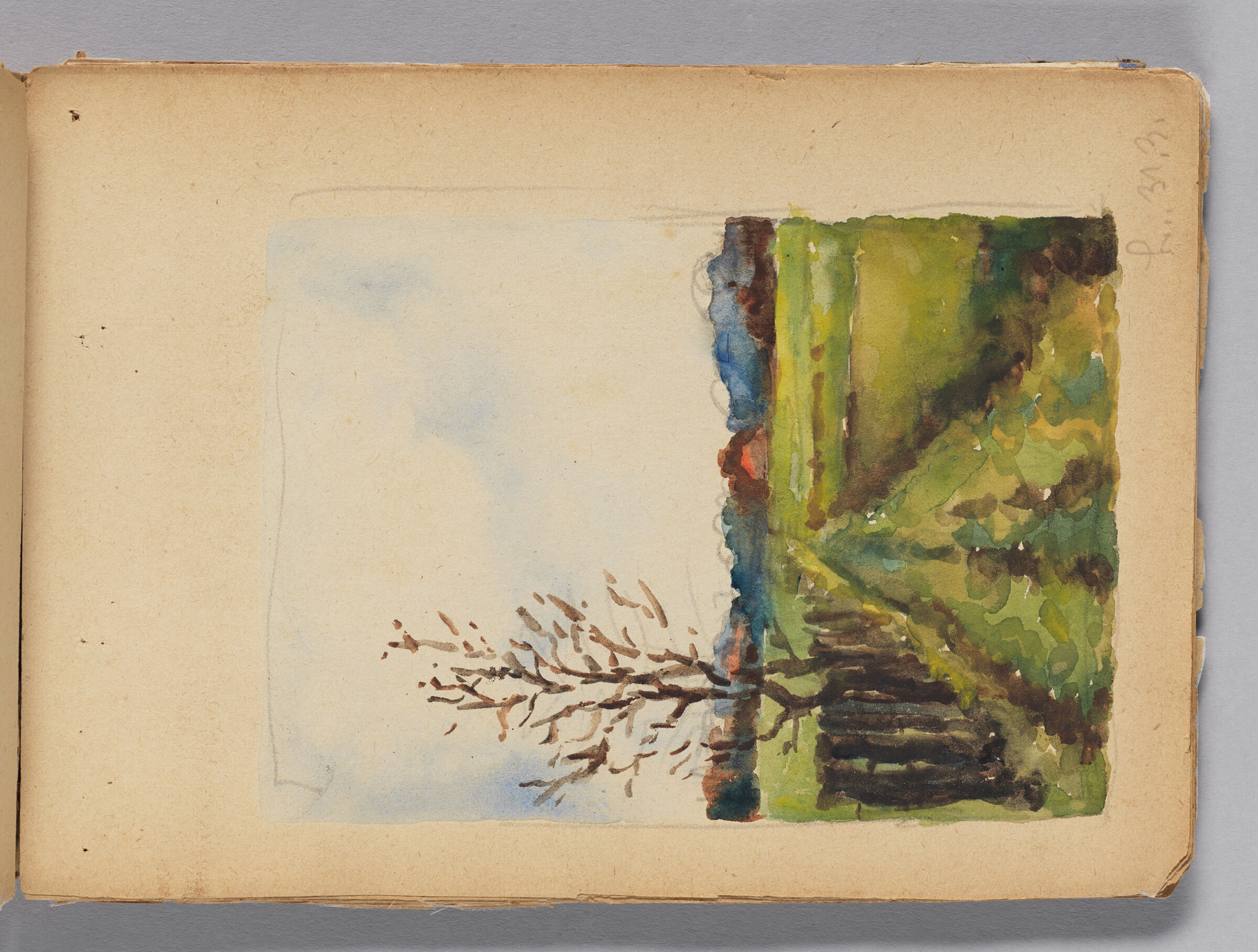 Untitled (Blank With Stray Marks, Left Page); Untitled (Farm Landscape, Right Page)