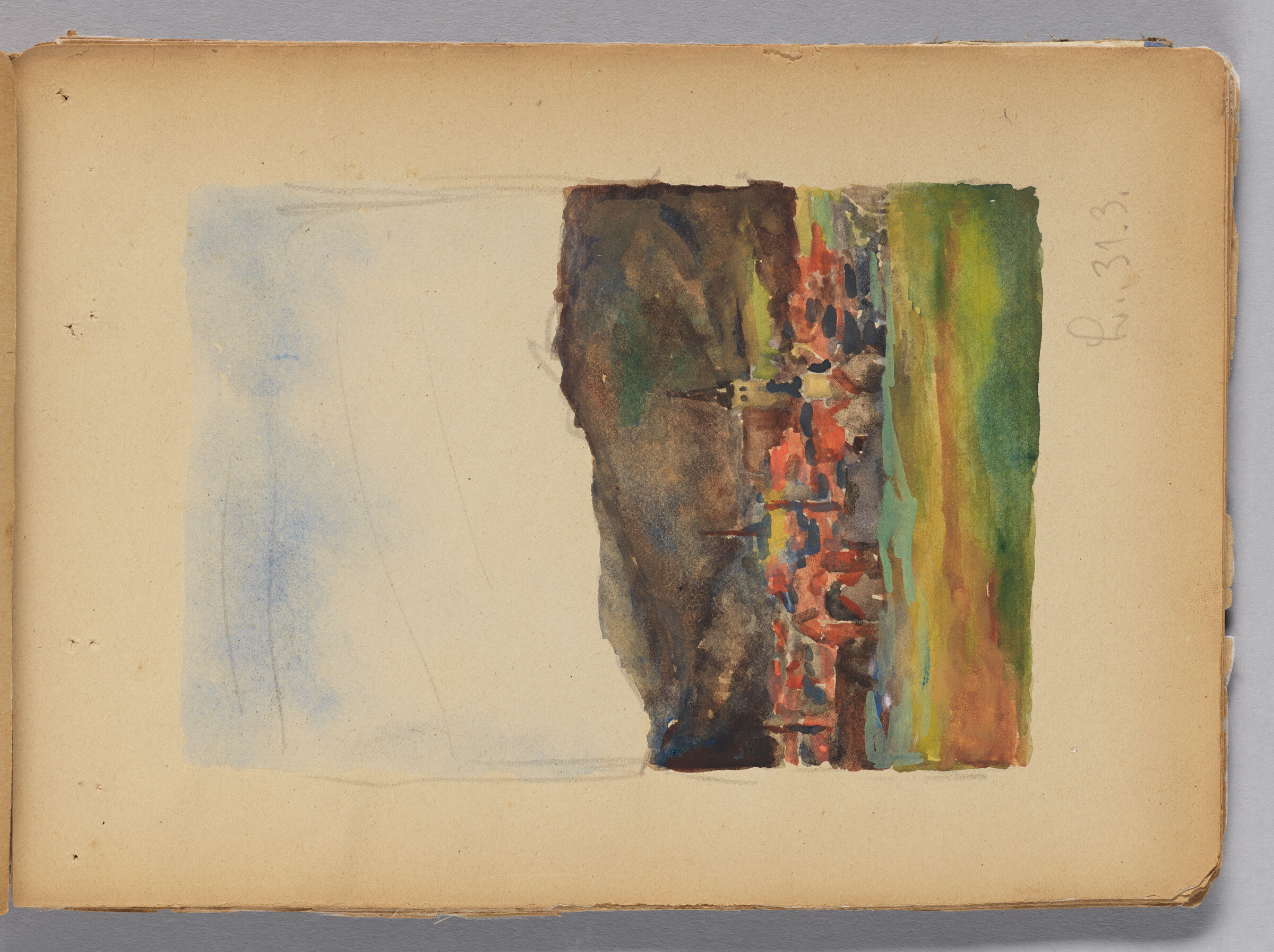 Untitled (Blank With Stray Marks, Left Page); Untitled (Landscape With Village, Right Page)